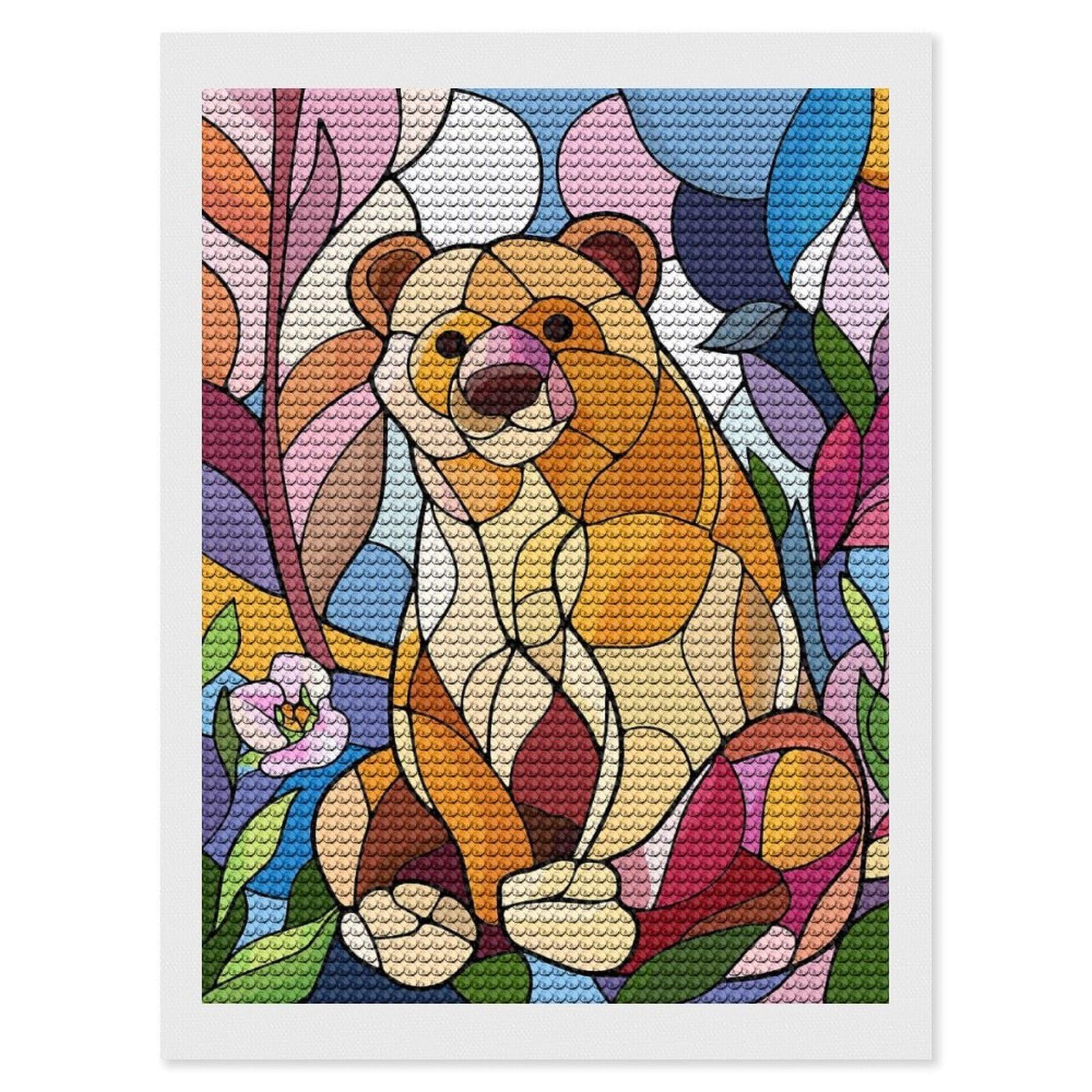 Junmoney Stained Glass Bear with Flowers Diamond Painting Canvas Kit 12"x16", Adhesive Canvas, Christmas Gift, Full Kit Included, Thoughtful Present