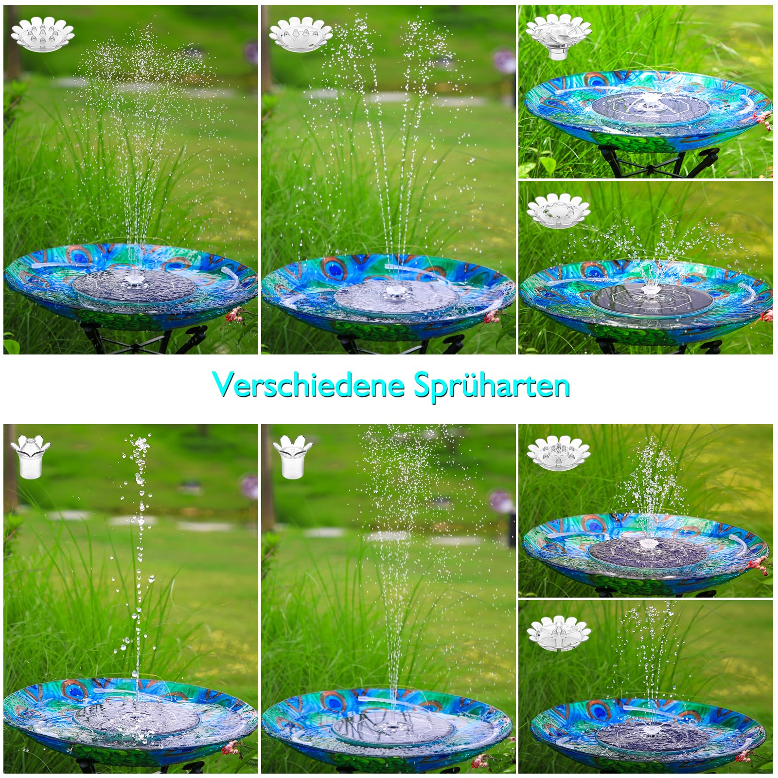 AISITIN 6,5W LED Solar Springbrunnen mit Verstellbare Stützstange, Buntes Solar Teichpumpe Eingebauter Batterie mit Doppelseitig LED Runden Solarbrunnen für Vogelbad,Gartenteich,DIY Wasserspiel,Teich