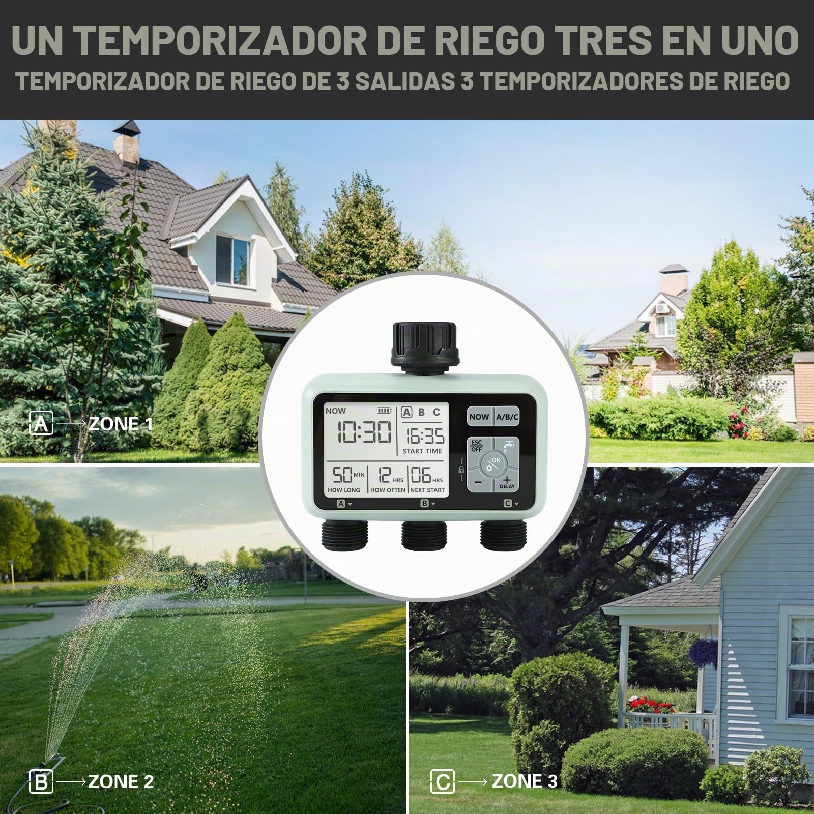 Kazeila Water Timer Temporizador de Riego Automático 3 Salidas,Programador de Riego Digital para Mangueras Controlador de Agua Programable IPX5 Impermeable