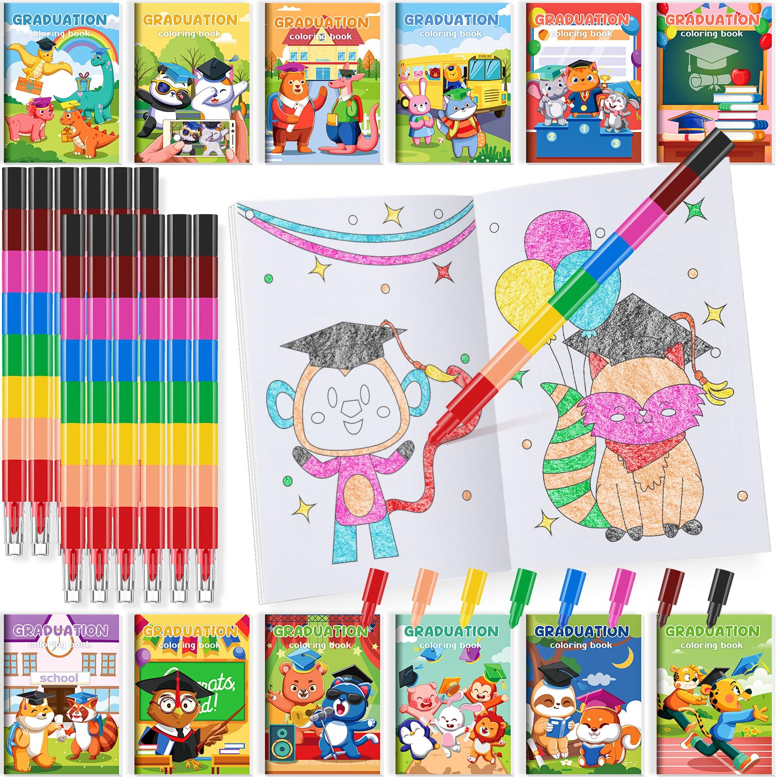 BenLouis 24 Kindergarten Graduation Mini Coloring Books Kids with 24 Stacking Crayons Preschool Party Favors Activity Books Bulk for Kids Student Grad