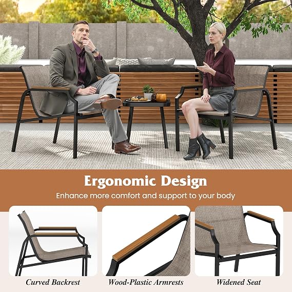 3 Pieces Patio Furniture Set, Balcony Furniture w/Tempered Glass Top Coffee Table & 2 Breathable Fabric Seat, Outdoor Bistro Set for Backyard, Lawn, Garden, Poolside