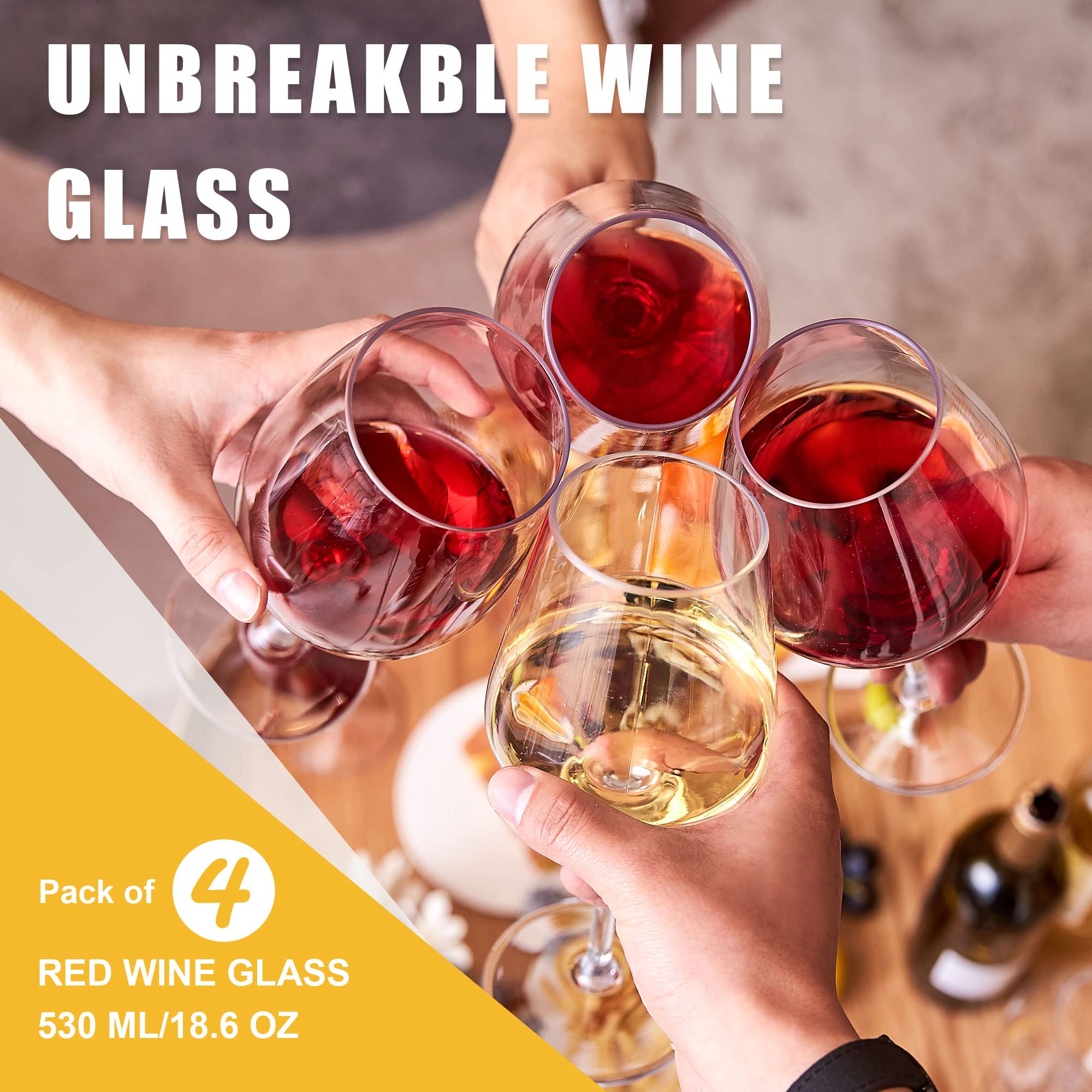 Incassable Verres à Vin Rouge Blanc en Tritan-Plastique Cadeaux de Mariage, Lavable au Lave-vaisselle, 530 ML, Lot de 4