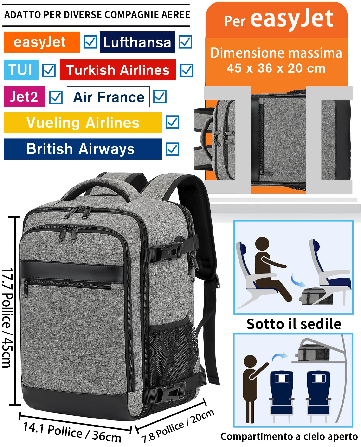 KLOSTAIN Zaino da Viaggio Easyjet 45x36x20 Zaino da Viaggio Aereo Bagaglio a Mano 30L Borsa da Cabina Zaino per Uomo e Donna da Lavoro Viaggio e Trekking Scuola,15.6 Pollici Zaino Porta PC Grigio