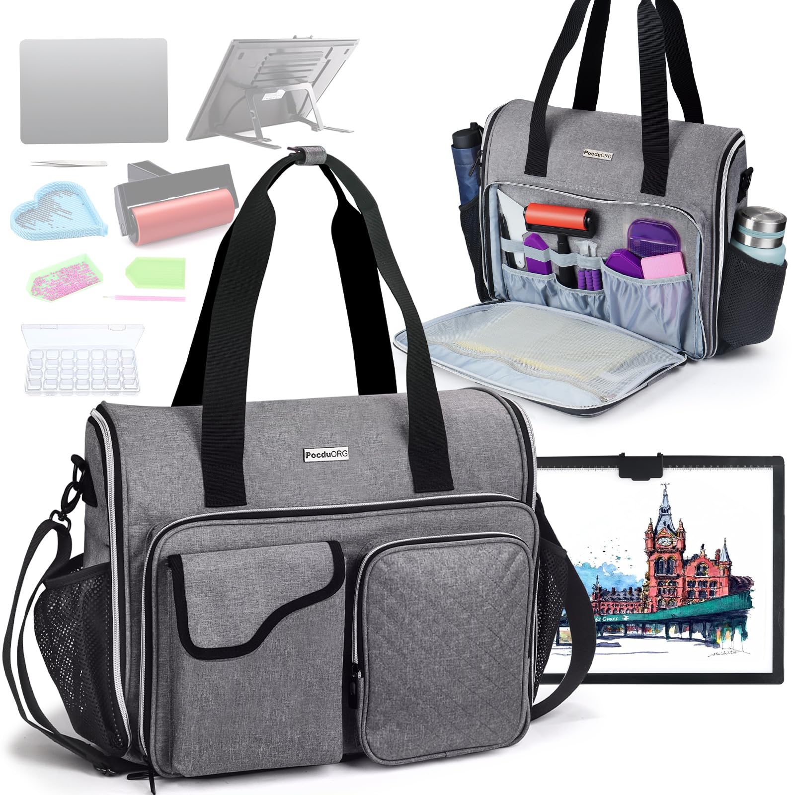 POCDUORG Portable A4 Light Pad Storage Bag for Diamond Painting Accessories, Tote Organizer Case with Multiple Pockets - Compatible with A4/A3 Light