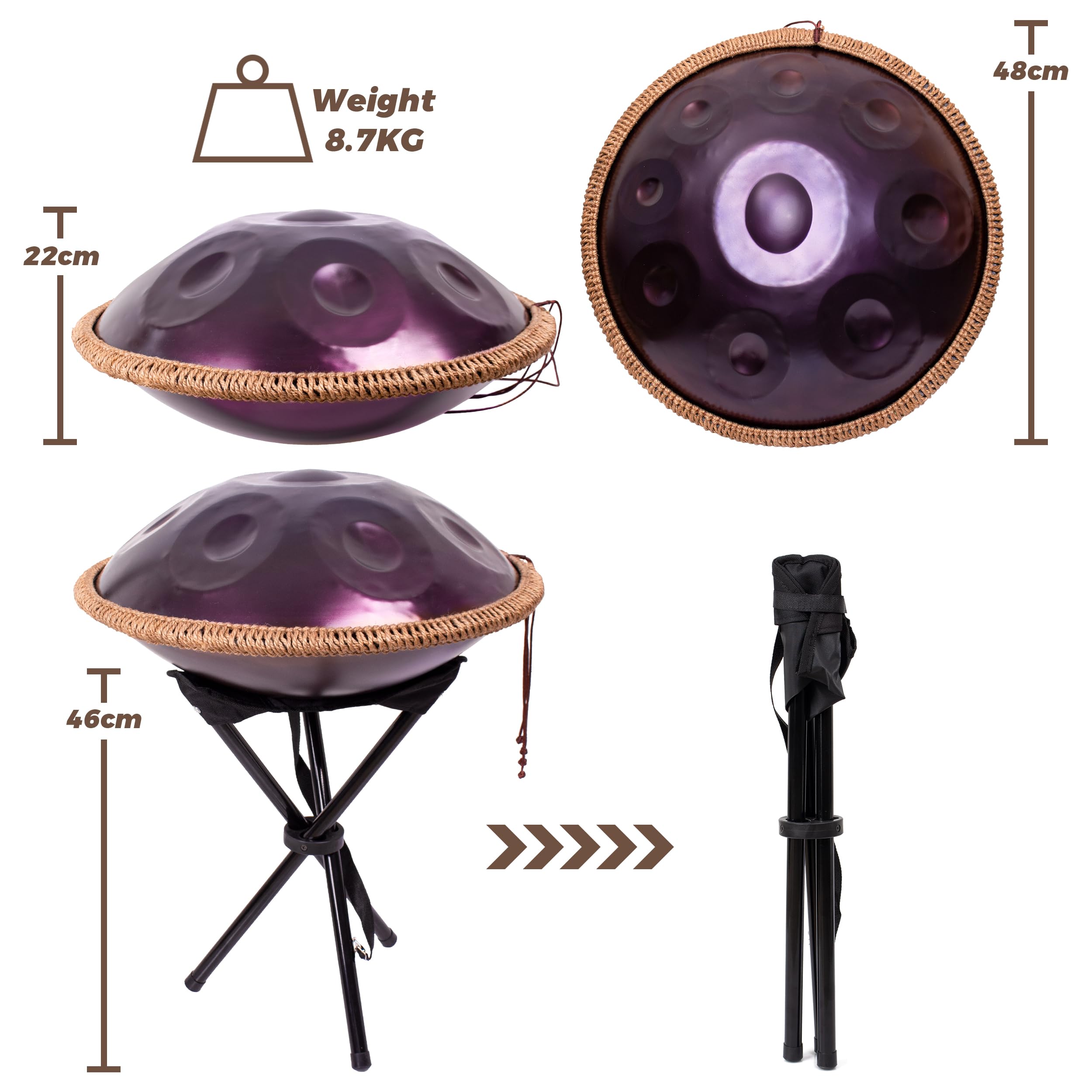 Strumento a Tamburo handpan - per Principianti, Acciaio 9 Toni 18 Pollici, Mano in sol Maggiore, Handpan con Borsa e Supporto, Strumenti Musicali per la guarigione del Suono, medit