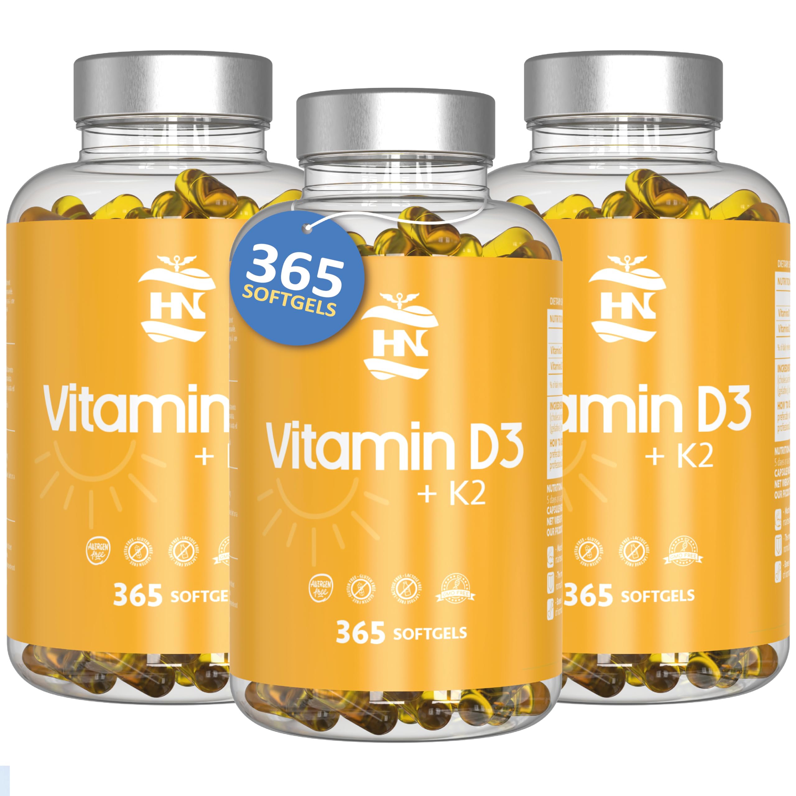 Vitamina D - 365 Cápsulas de vitamina D3 K2 – Vitamina D (5000 UI) altamente concentrada. Favorece la función inmunológica y ósea - 1095 cápsulas (3 botes)