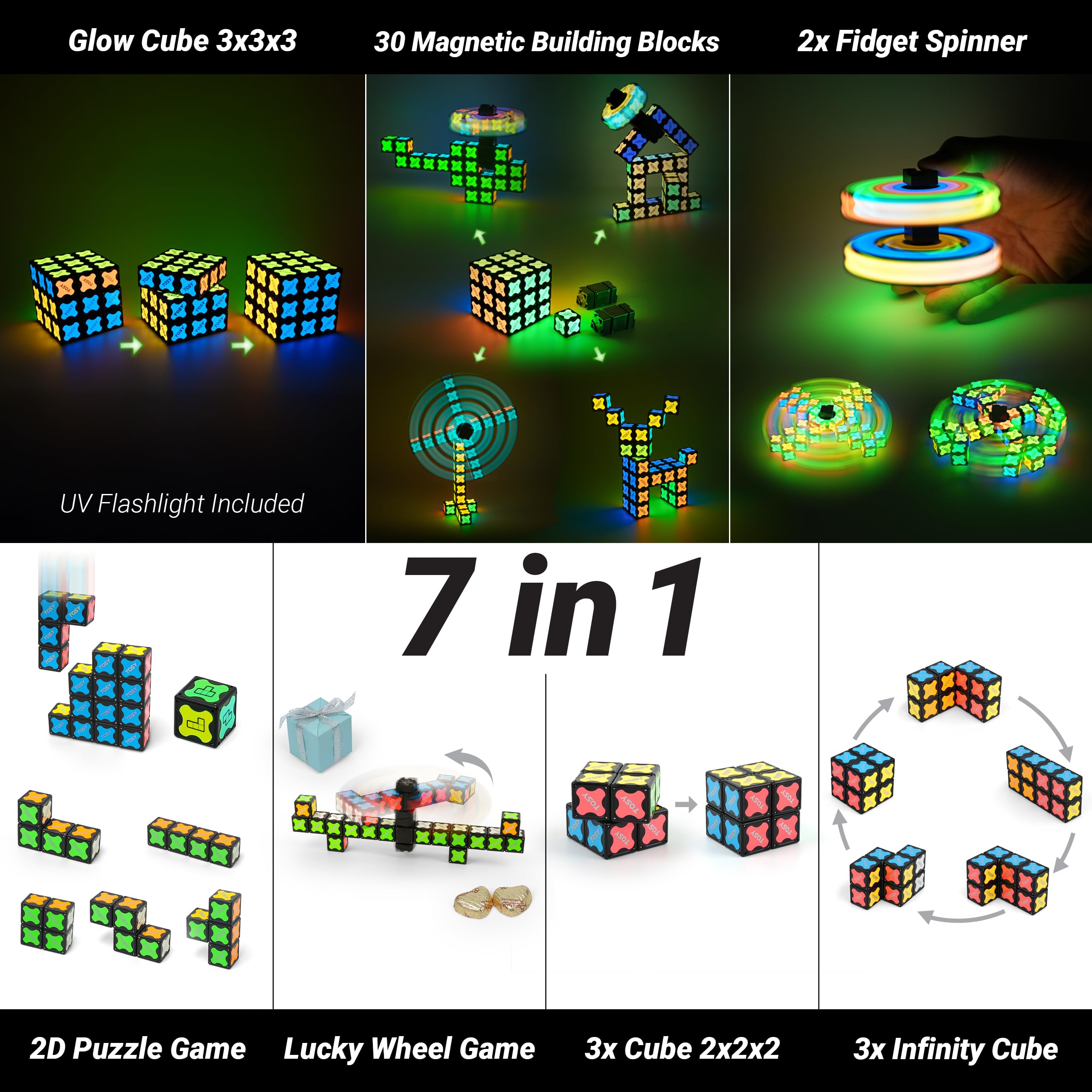 TOSY Magnet Cube 3x3 - 30 Bloques, Multiusos: Bloques de construcción creativos, Fidget Spinner transformable, Rompecabezas/Cubo Infinito, Regalo de Pascua para niños, Juguete Stem Brillante