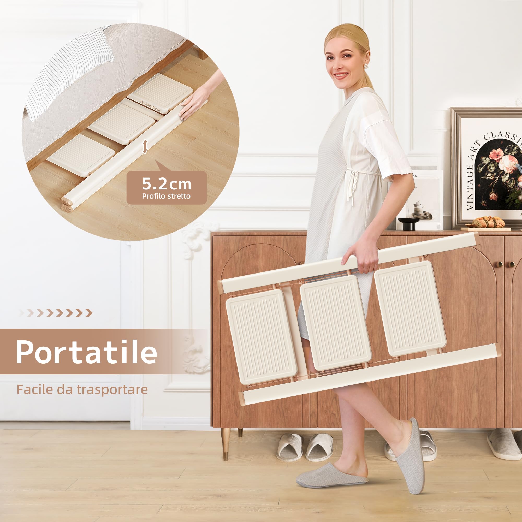 Scaletta a 3 Gradini per Adulti, Scala Pieghevole con Base Sicura, Pedane Allargate, Design Estetico che si Integra Perfettamente negli Interni Domestici