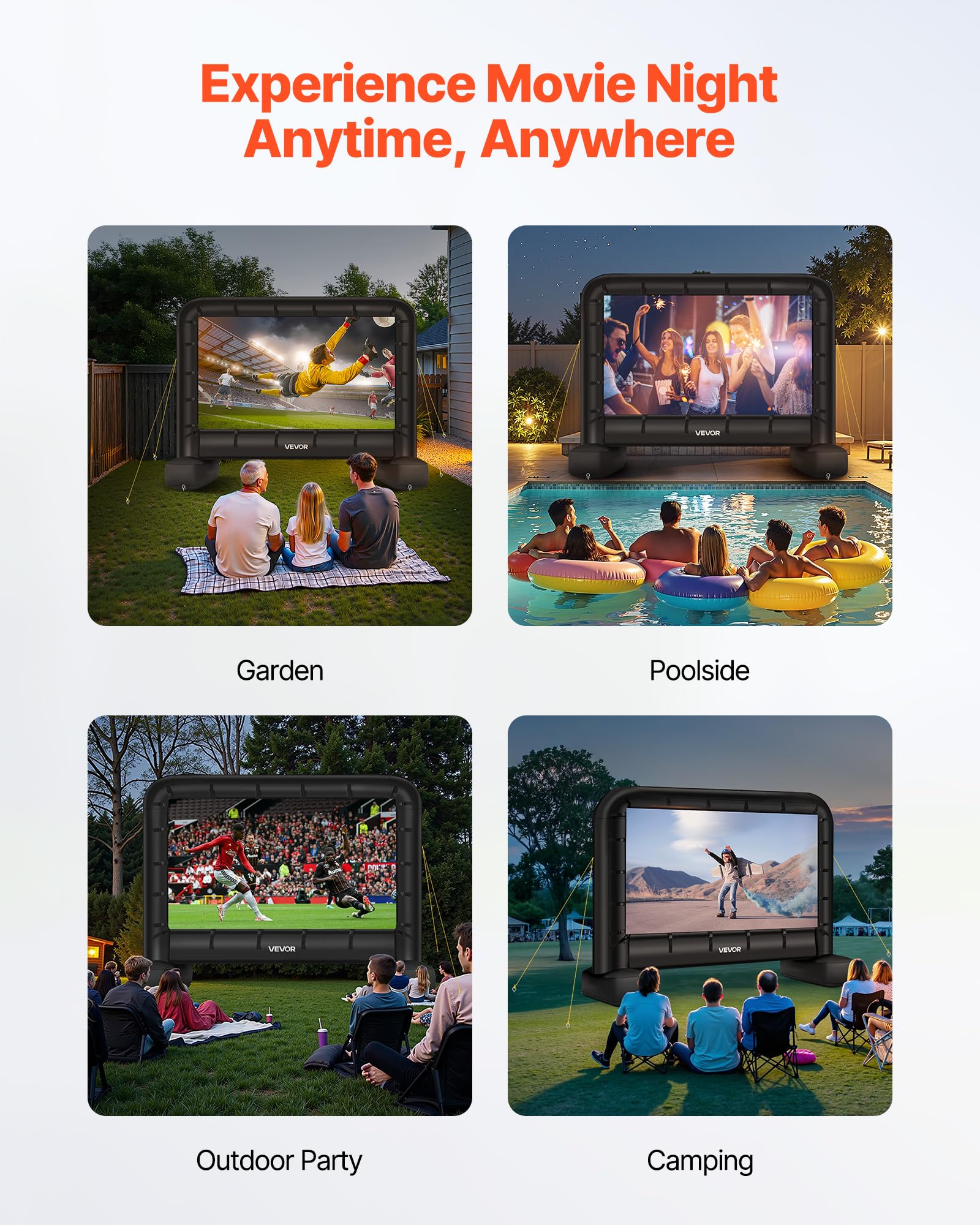 VEVOR Pantalla de Cine Inflable 259 x 146 cm 16:9 Lavable 600D con Bolsa de Almacenamiento Portátil Fácil de Instalar Visión de 160° Pantalla de Proyección para Exteriores, Cine en casa, Fiestas