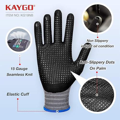 Miniatura 2 de KAYGO MicroFoam - Guantes de trabajo con revestimiento de nitrilo, 12 pares de nailon de punto sin costuras KG19N, micropuntos para un mejor agarre,