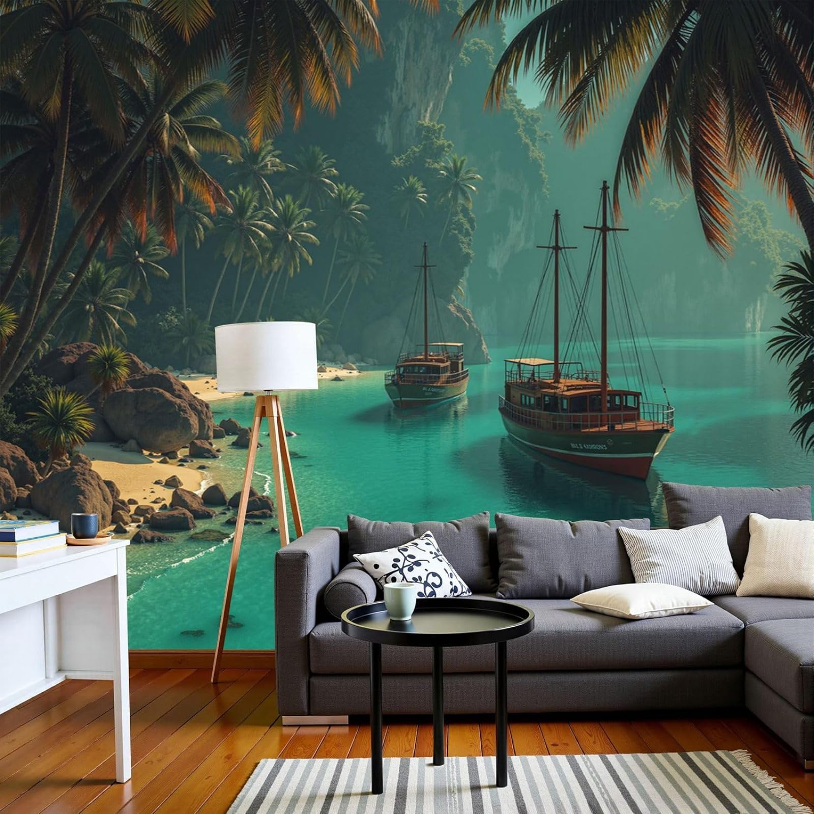 kfjhgbdshhj Non-Woven Photo Wallpaper Tropical Beach Wooden Boat 3D Effect Nature Forest for Living Room Bedroom Teal Non-Woven Wallpaper for Wall,300cmx210cm Stickers - Frameless Painting - Poster