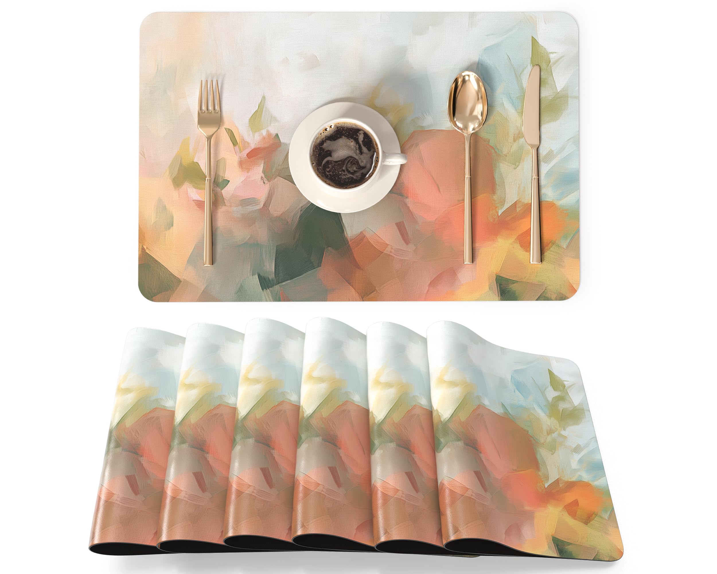 QIYI Faux Leather Placemats, Set of 6, Waterproof Oil-Proof Heat-Resistant PU Table Mats for Kitchen, Dining, Indoor & Outdoor Use, 45×30cm, Abstract Pastel Watercolor Design