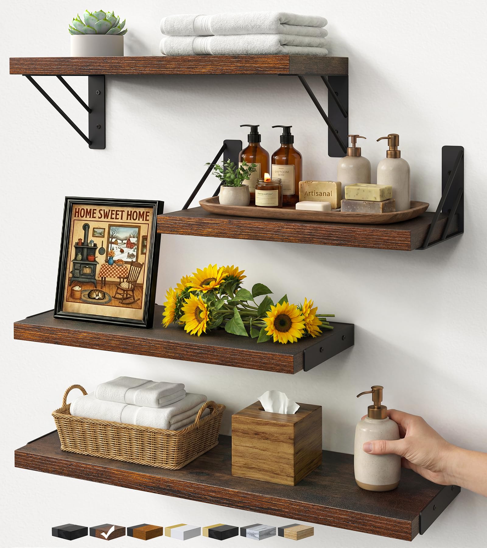 BAYKA Wall Shelves for Bedroom Decor, Floating Wall Shelves for Living Room Kitchen Storage, Mounted Rustic Wood Floating Shelves for Kids Books, Corner Shelf for Bathroom(Rustic Brownï¼ŒSet of 4)