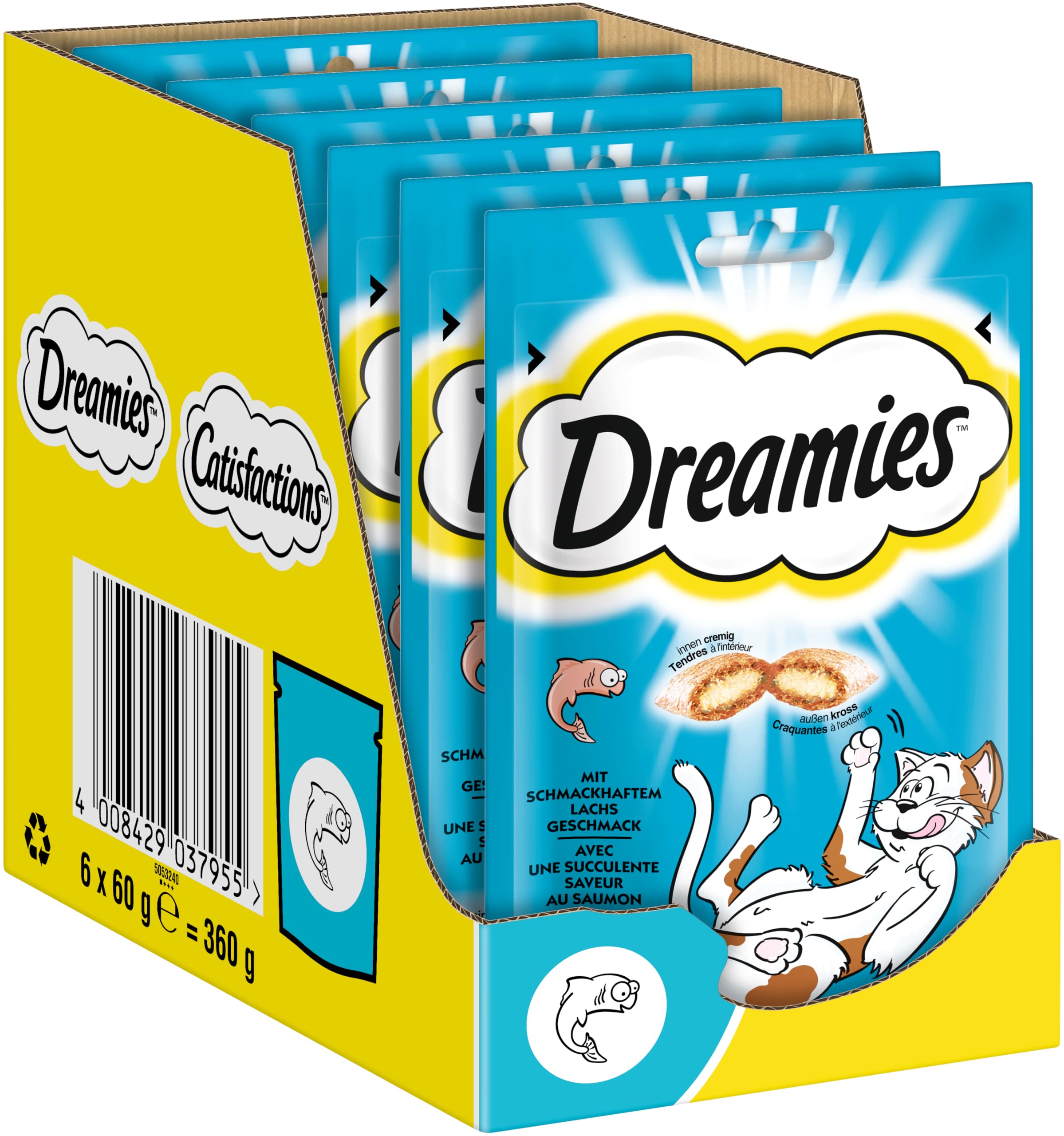 Dreamies Klassiker Katzensnacks mit Lachs – Traumhaft knusprige Taschen mit zarter Füllung – 6 x 60g