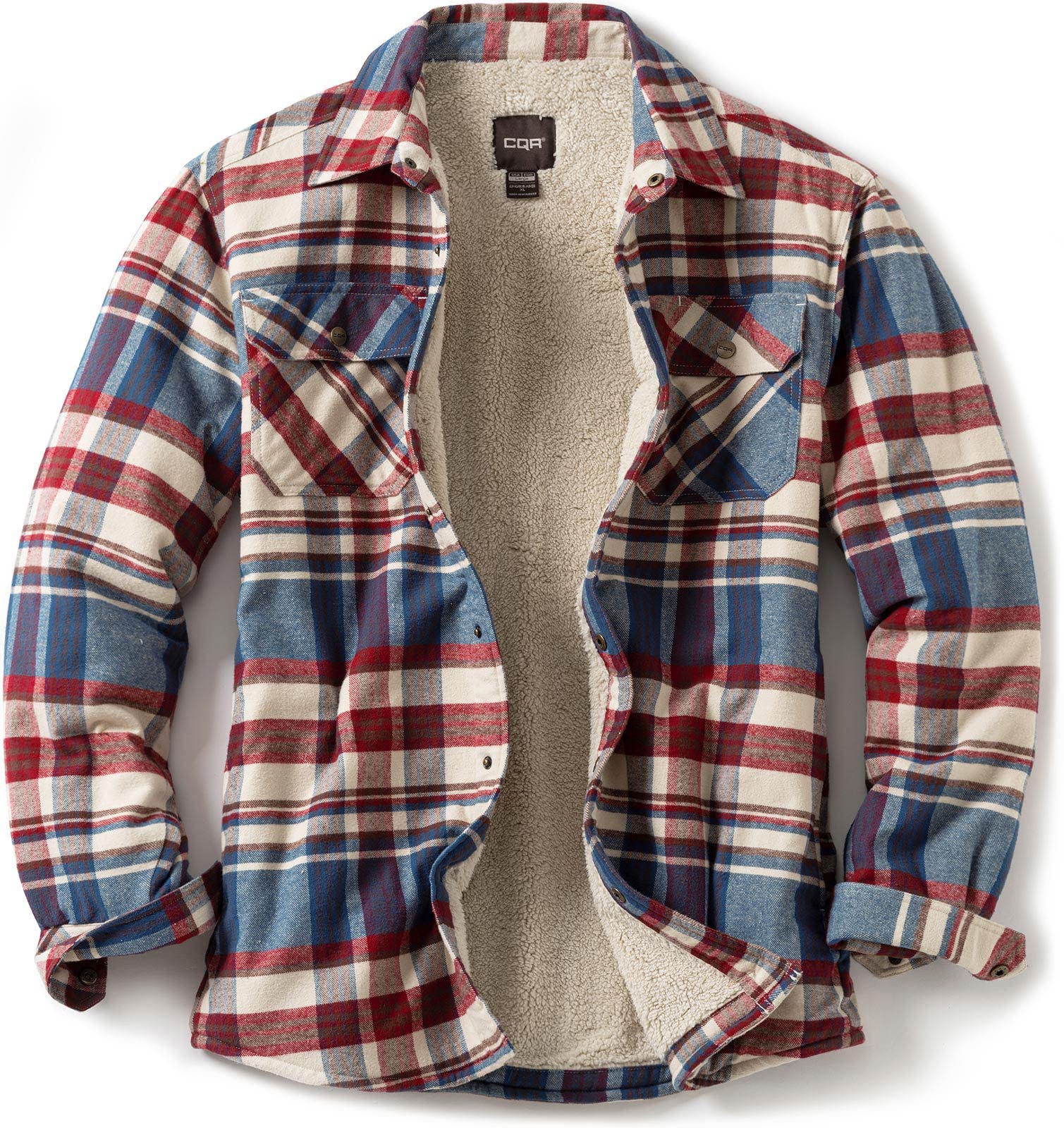 CQR Men's Long Sleeved Sherpa Fleece Lined Lumberjack Brushed Flannel Rugged Plaid Shirt Jacket
