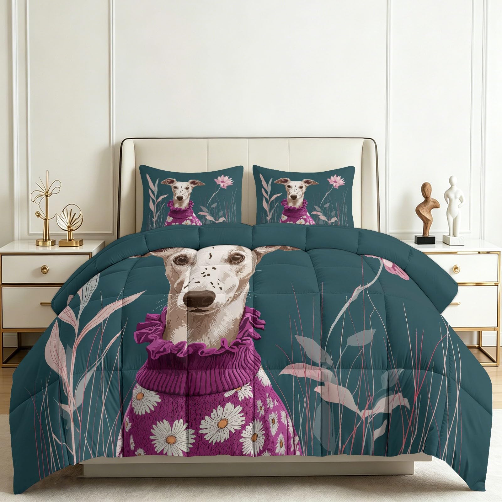 Tutte le stagioni - Piumino 240 x 260 cm, con motivo animale, fiori trapuntato, lussuoso e morbido, in piumino e piume, traspirante, lavabile in lavatrice, ipoallergenico, buon sonno, blu scuro