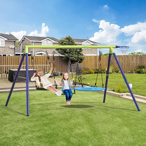 Juegos de columpios de 600 libras para patio trasero, juegos de columpios de metal resistente 3 en 1 con aro de baloncesto, juego de columpios para
