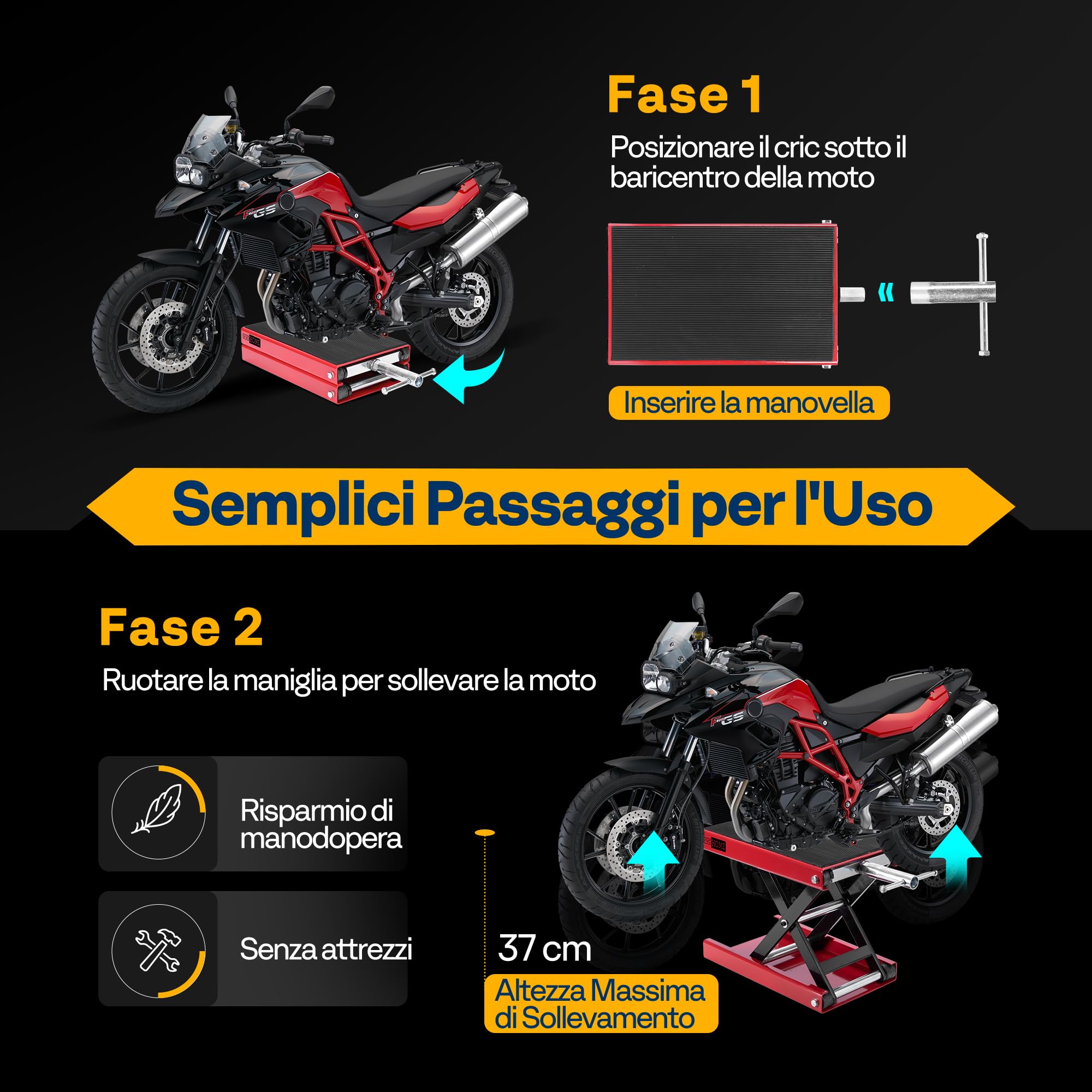 VIVOHOME Sollevatore Moto Altezza Regolabile Centrale a Forbice, Ponte Sollevatore in Acciaio Alzamoto 500kg Capacità per Auto ATV Motocross Riparazione Garage Rosso