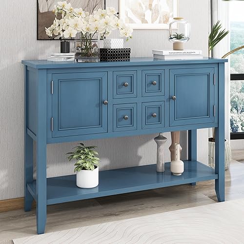 Merax Aparador de madera moderna azul marino claro con cajones y estante inferior, mesa consola para sala de estar, comedor, cocina, tipo 1