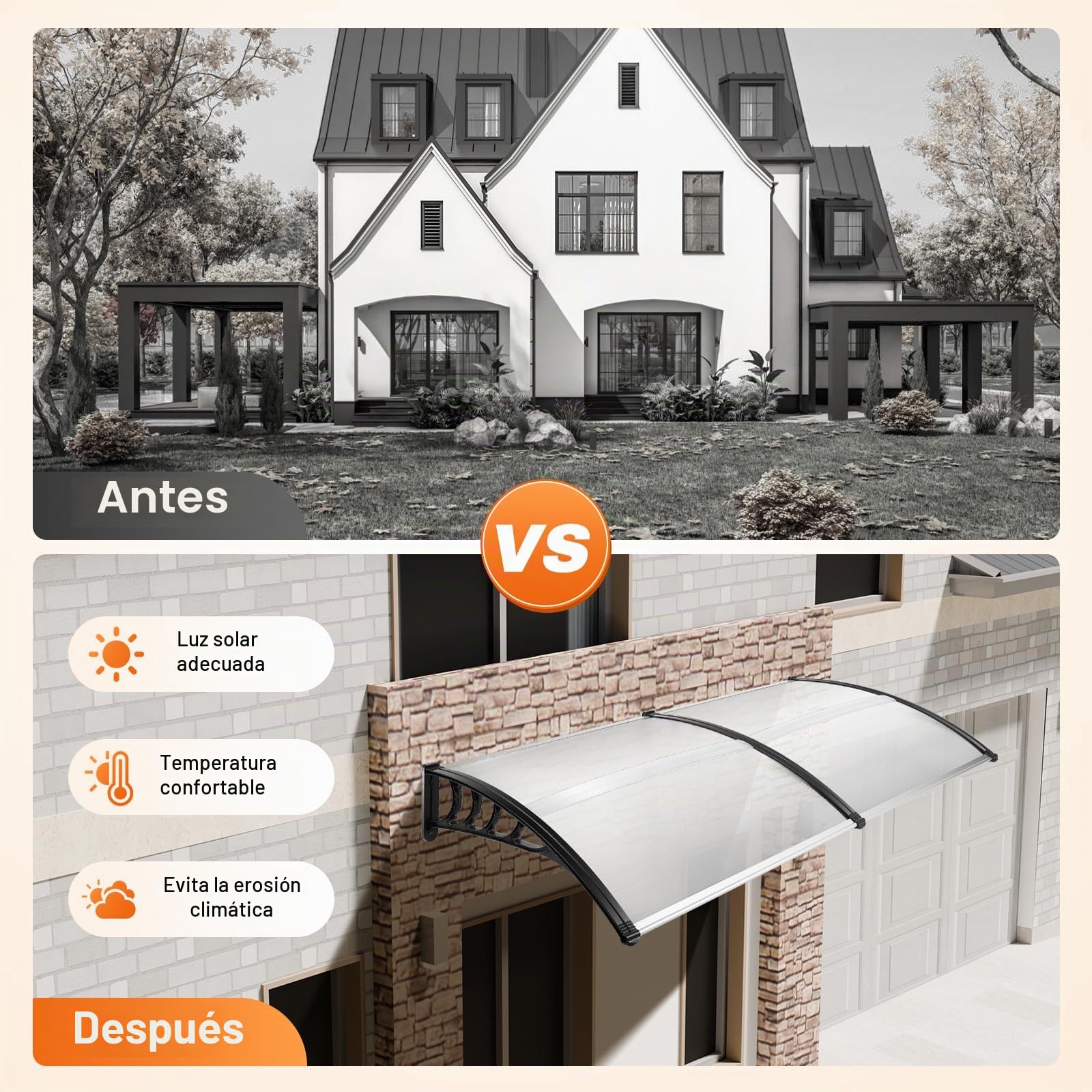 Marquesina para puerta de casa, 200 x 90 cm, de aluminio y policarbonato, toldo transparente para puerta de casa, toldo para puerta, ventana, porche, color gris