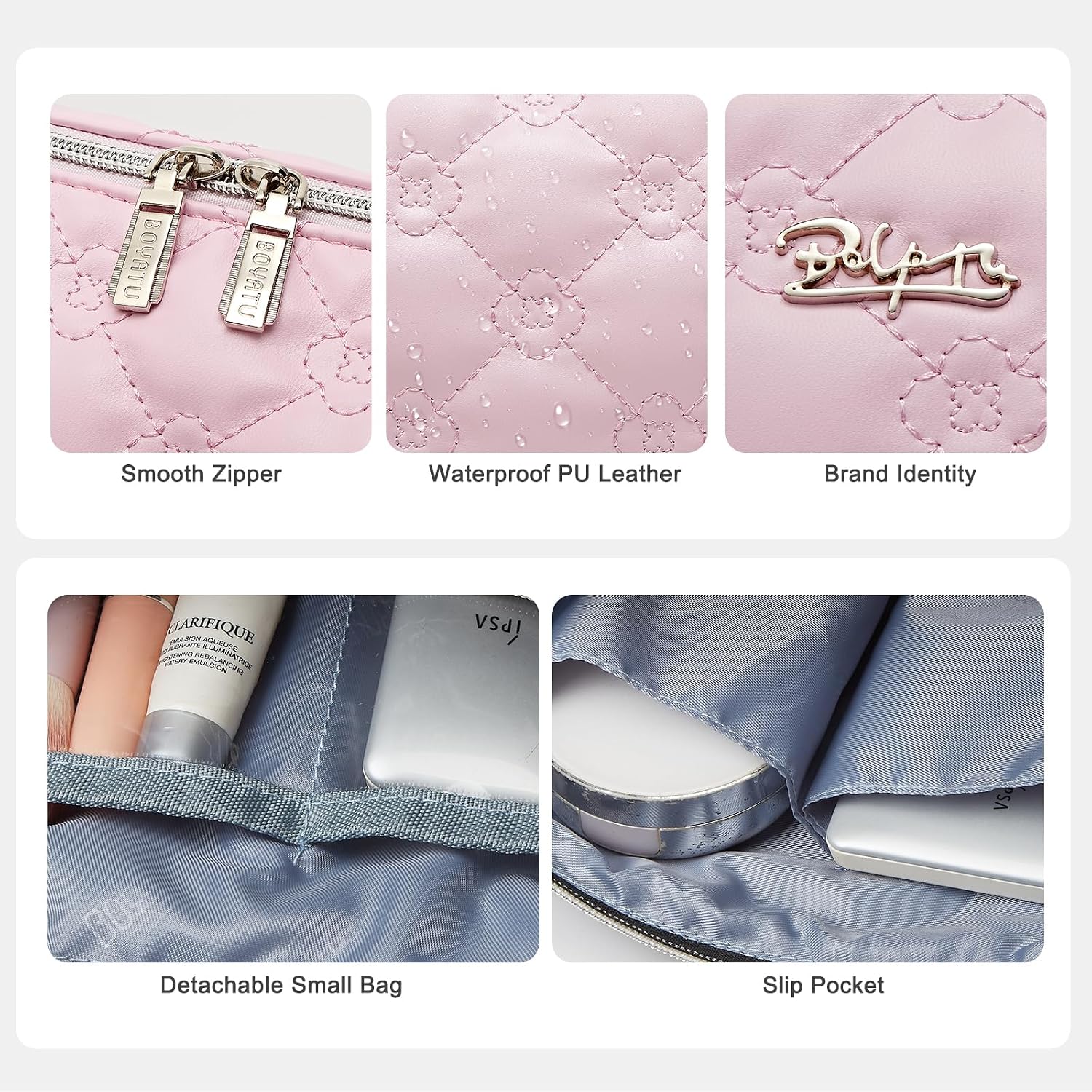 BOYATU Travel Makeup Bag Cosmetic Pouch: 2 Pcs Set Waterproof Vegan Leather Cosmetic Bags for Women - Cute Quilted Skincare Make up Toiletry Bag for Girl (01-Pink)