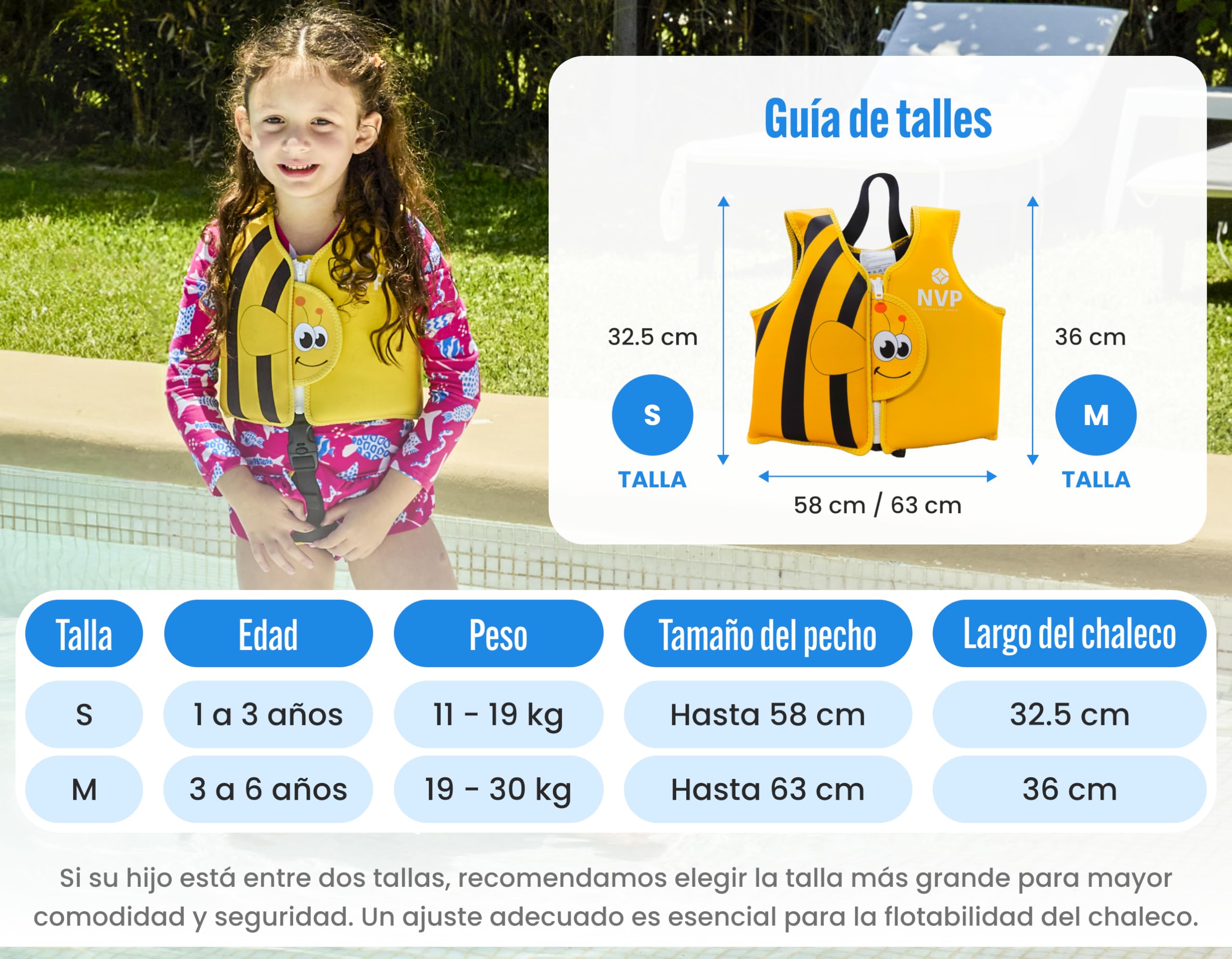 Chaleco de Natación Infantil de Neopreno NVP para Bebés y Niños 1-6 Años - Chaleco Flotador Ajustable con 8 Paneles de Flotación