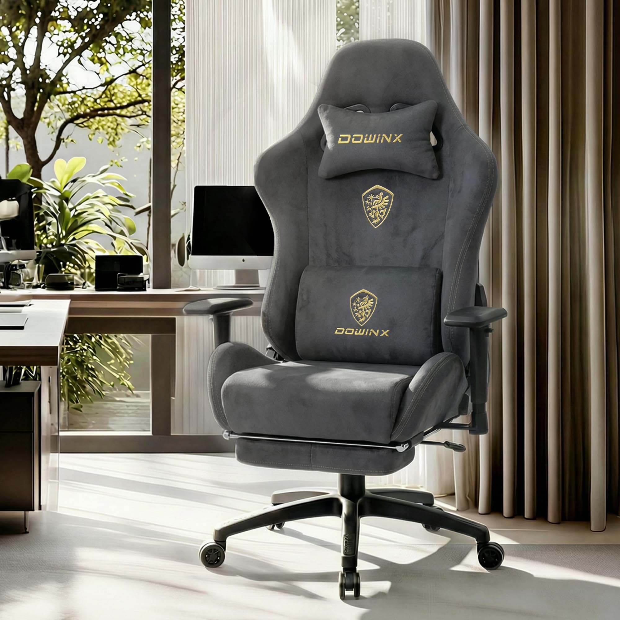 Dowinx Gaming Stuhl,Ergonomischer Wildlederimitat Gamer Chair,Gaming Sessel,Verstellbar Fußstütze und 3D Armlehnen,200KG Tragkraft Bürostuhl mit Geräuschlose Rollen,Schreibtischstuhl,Grau