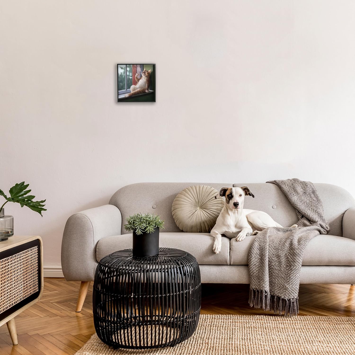 Stupell Industries House Cat Smoking Lounging in Window Pane, Designed by Lucia Heffernan Black Framed Wall Art, 12 x 12, Brown