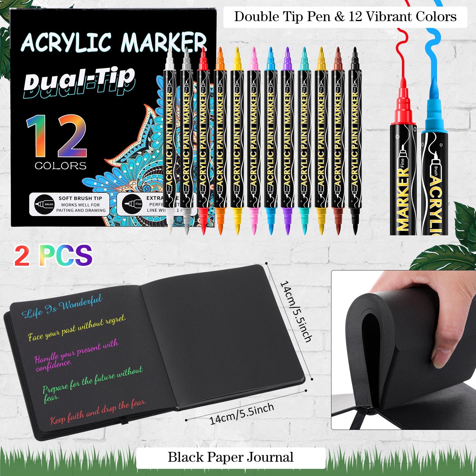 Thenshop Juego de 2 cuadernos de bocetos de papel negro, cuaderno de páginas negras con 12 marcadores metálicos, bolsillo de viaje, tapa dura, pintura en blanco, cuaderno de escritura para pintores de