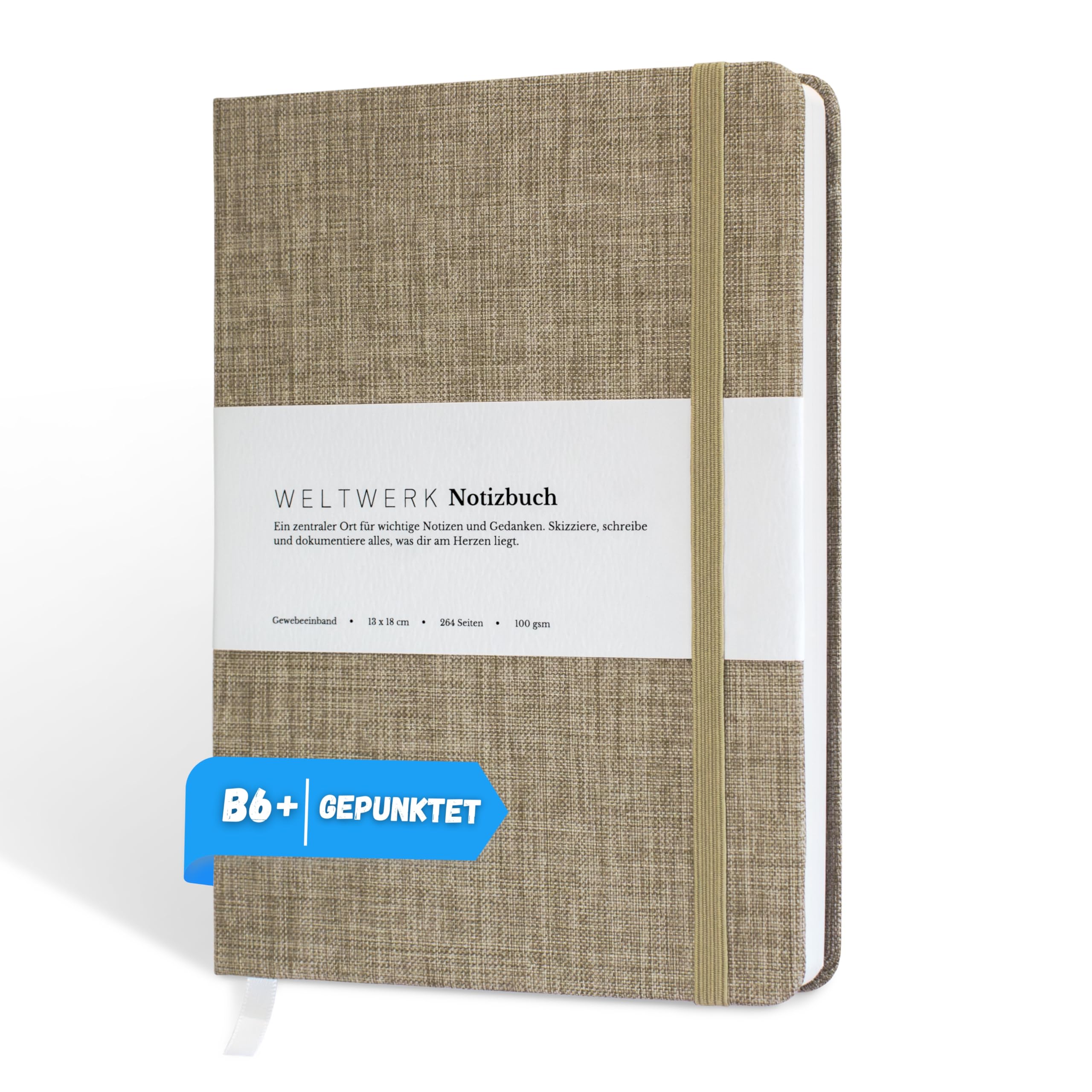 WELTWERK Notebook B6+ [Dotted, Beige] High-Quality Notebook with 100 g/m² Paper, Fabric Cover & Elastic Band - Small Notebook with 264 Pages for Bullet Journaling, Sketching & Notes