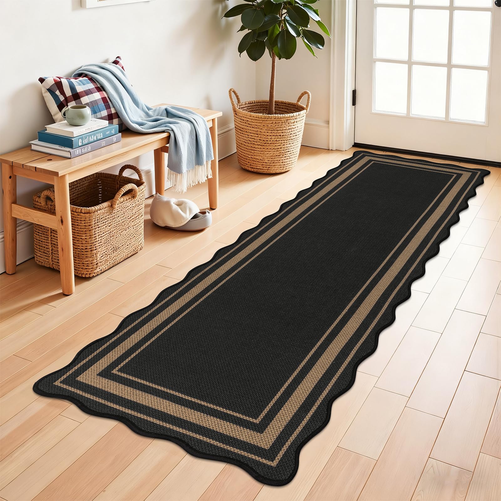 Photo 1 of SHACOS 2x6 ft Washable Runner Rug Scalloped Non Slip Woven Texture Geometric Farmhouse Modern Carpet for Porch Hallway Kitchen Entryway Indoor Outdoor Patio Carpet Black, 2'x6'