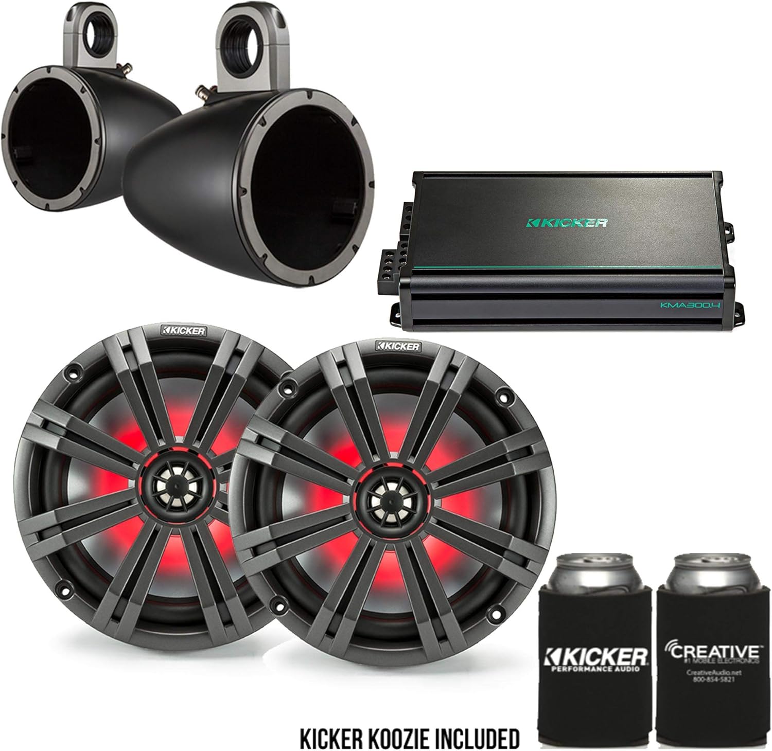 Kicker 8" BlackCharcoal Wake Tower LED Marine Speakers 1-Pair with 300 Watt Marine Amplifier