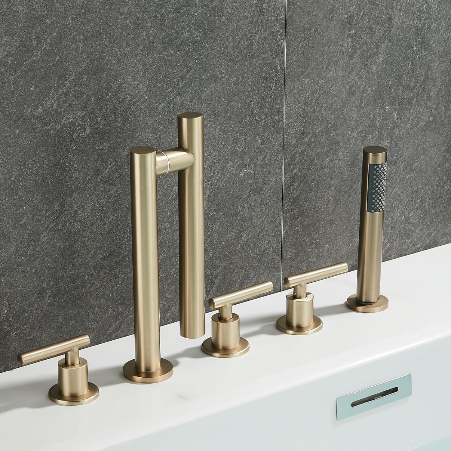 KUNYOS Shower Faucet 5-Hole Rim Bathtub Faucet Bathtub Faucet 360° Swivel Faucet Two-Handle with Hand Shower