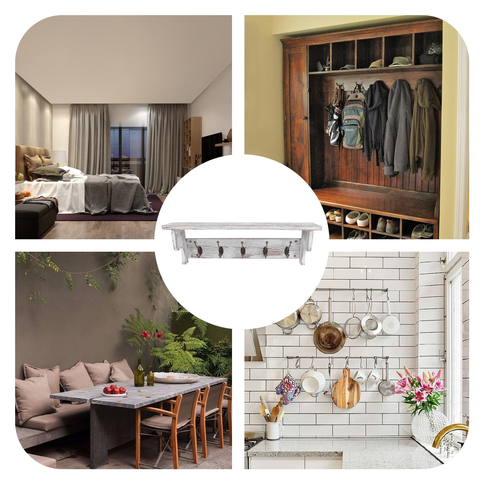 Bekrvio Perchero de pared con estante, estantería de entrada de madera rústica con 8 ganchos para ropa, estilo rústico, colgador de pared flotante (90 cm de largo)