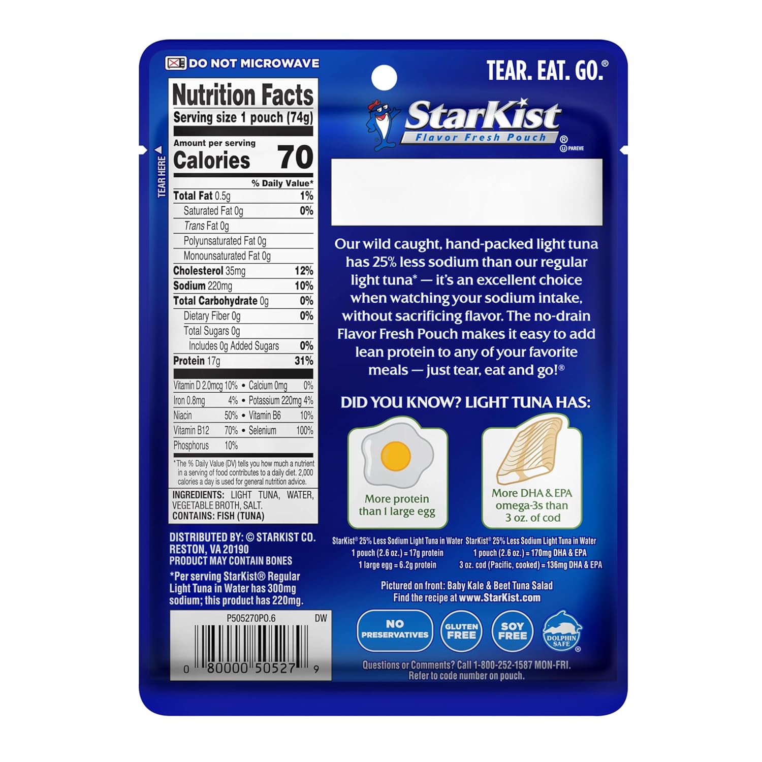 StarKist Light Tuna in Water 25% Less Sodium Pouch (2.6 oz - 24 Pack) Ready to Eat, Wild Caught, High Protein Shelf Stable Seafood, Gluten Free, Soy Free, No Draining for Salads and Sandwiches