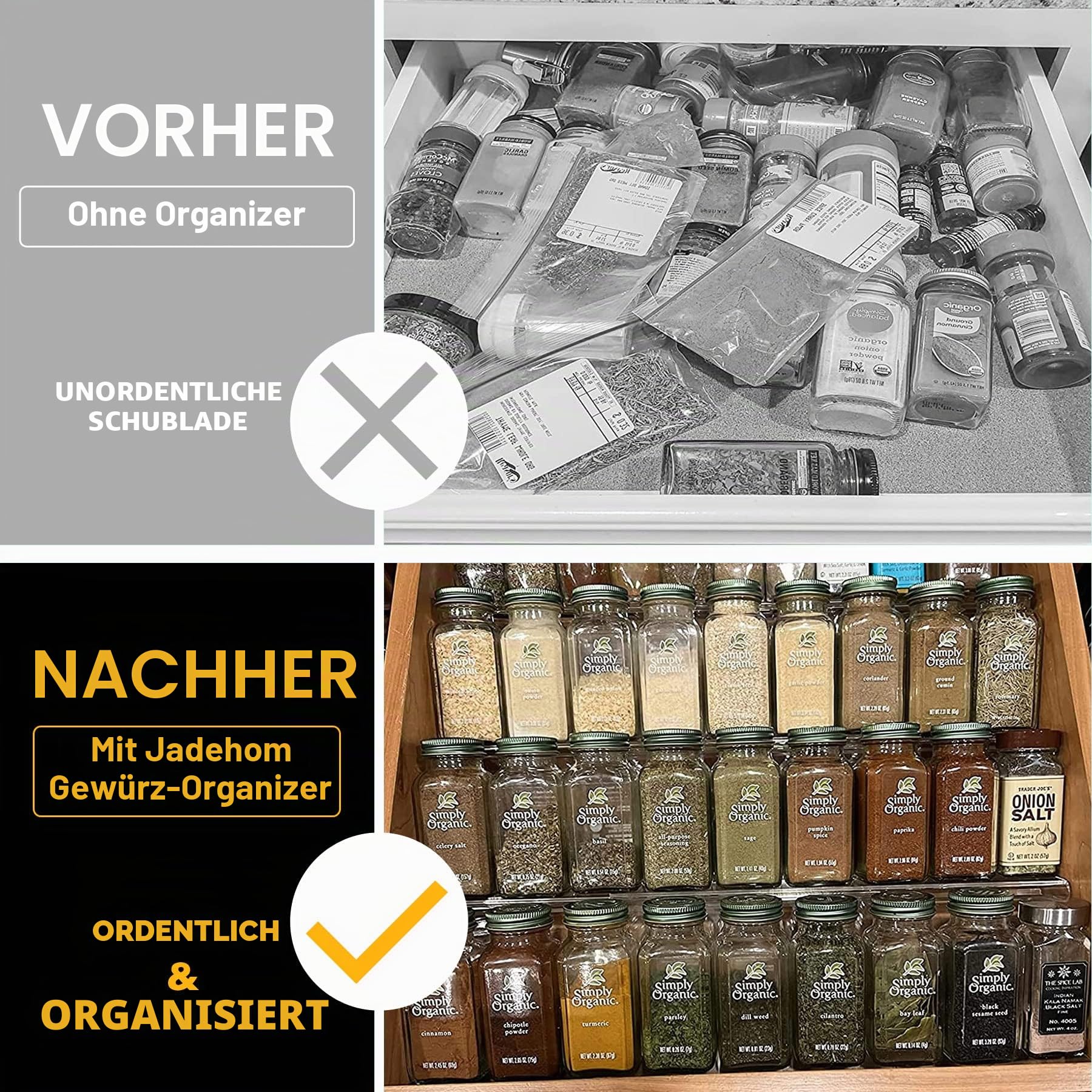 Jadehom Gewürzschubladen-Organizer, 4 Etagen, transparentes Acryl, erweiterbar von 33 cm bis 66 cm Gewürzgläser, Schubladeneinsatz, Küchenschublade, Gewürzregal für Schrank/Arbeitsplatte