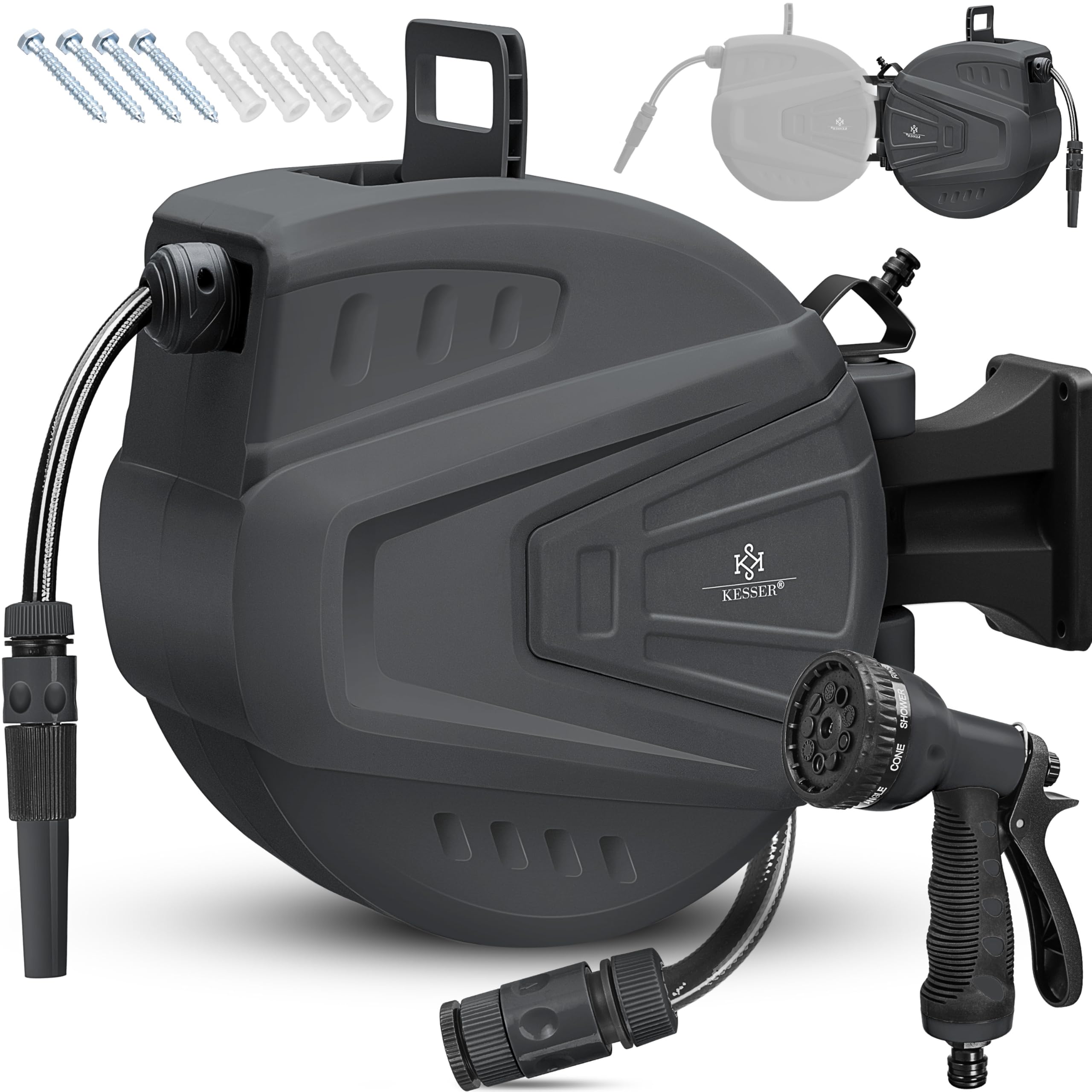 KESSER® automatische Schlauchtrommel 20 m + 2 m, Wand Schlauchbox mit Aufrollautomatik, Schlauchaufroller mit Gartenschlauch, 180° schwenkbar + Multi Handbrause mit 9 Modi, inkl. 2 Aufsätze, Anthrazit