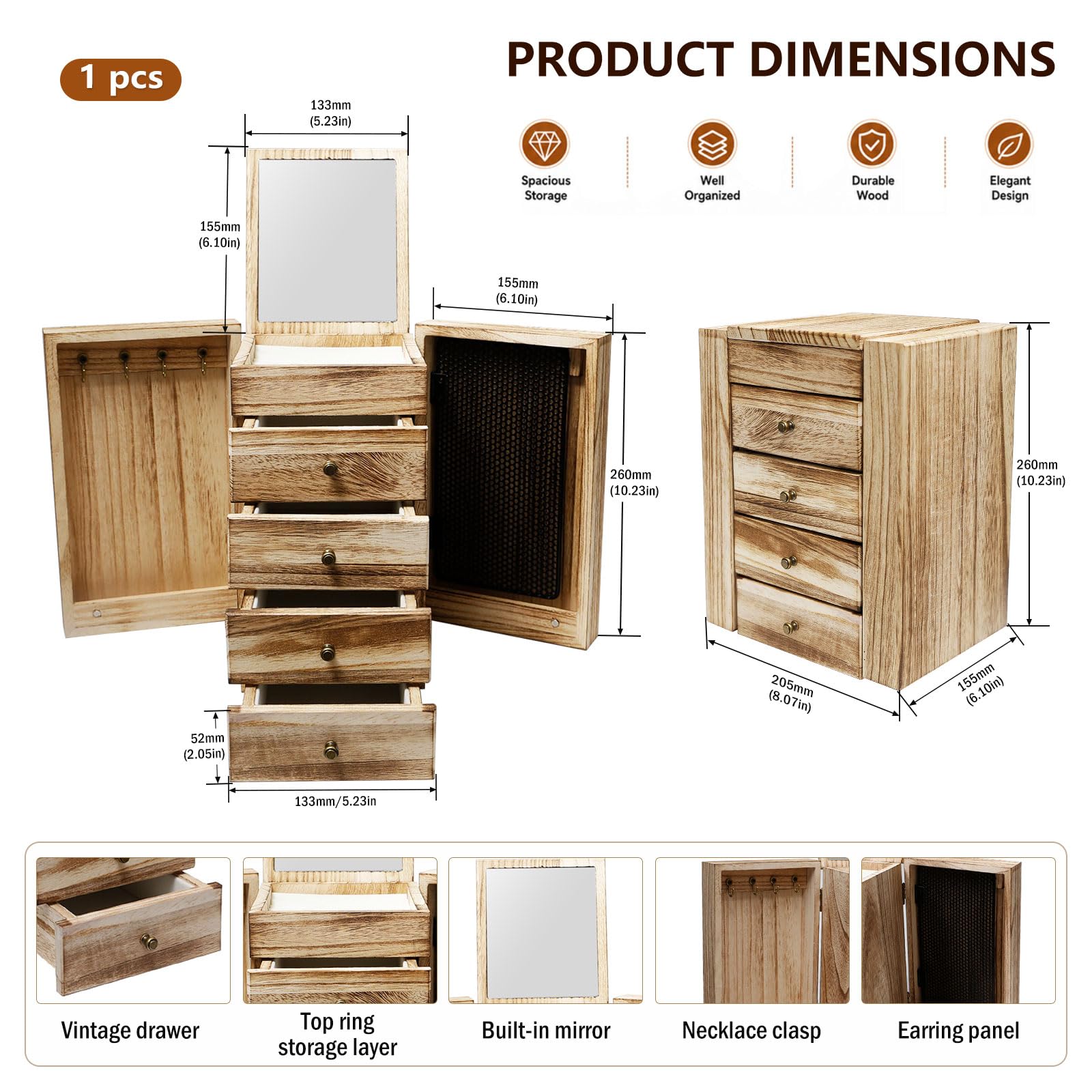 5 Niveles Joyero Madera Grande de con 4 Cajones, Espejo | para Pendientes Pulseras Anillos Collares,Organizador Joyas Rústica con 4Cajones,Organizador Caja Grande,Joyeros Organizador
