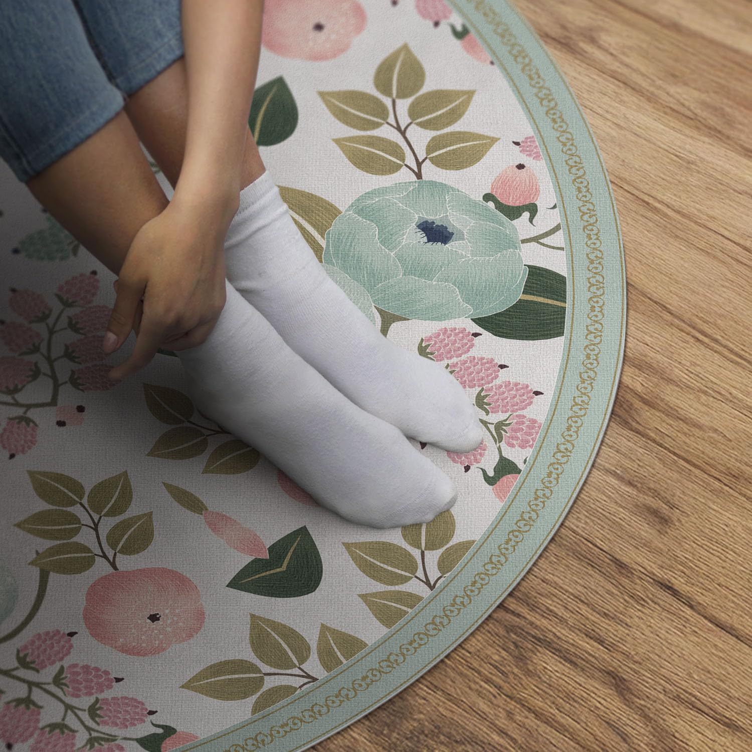 Vinyl Teppich ⌀90 cm Rund für Innenbereich Ideal für Küche Ecke Wohnzimmer Schlafzimmer Einfach zu Reinigen PVC Waschbar Bodenschutzmatten - Pastellfarbene Pfingstrosen