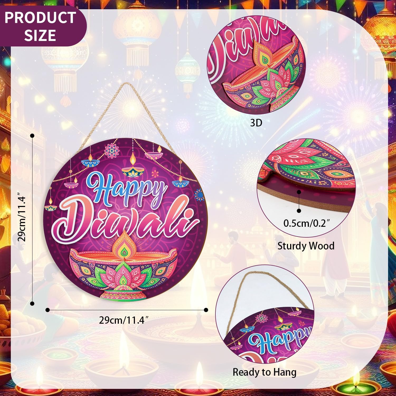 TOARTi Happy Diwali Festival Welcome Front Door Sign Hanging(11.4"x11.4"),Colorful Diya Lotus Wood Wall Decor,Traditional Hindu Holiday Wall Decoration for Porch Home Indoor Outdoor image 2