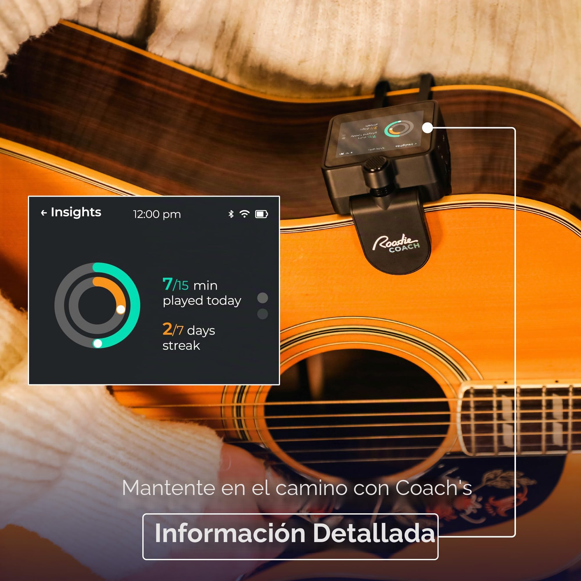 Roadie Coach Multi-Herramienta para Guitarra, Ukelele y Canto | Grabadora Portátil con Micrófonos Duales, Afinador, Controlador MIDI, Retroalimentación AI sobre Rendimiento