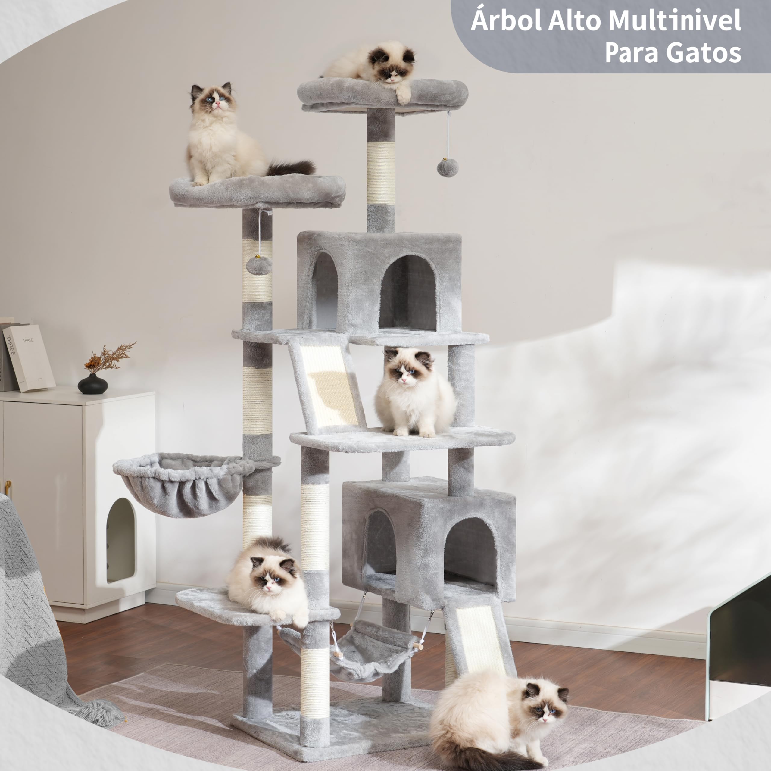 Gitelsnour rascador para Gatos de Interior, árbol para Gatos de 180 cm, con 2 rascadores, 7 Postes, Pompones, Hamaca, Gris Claro GCT032W