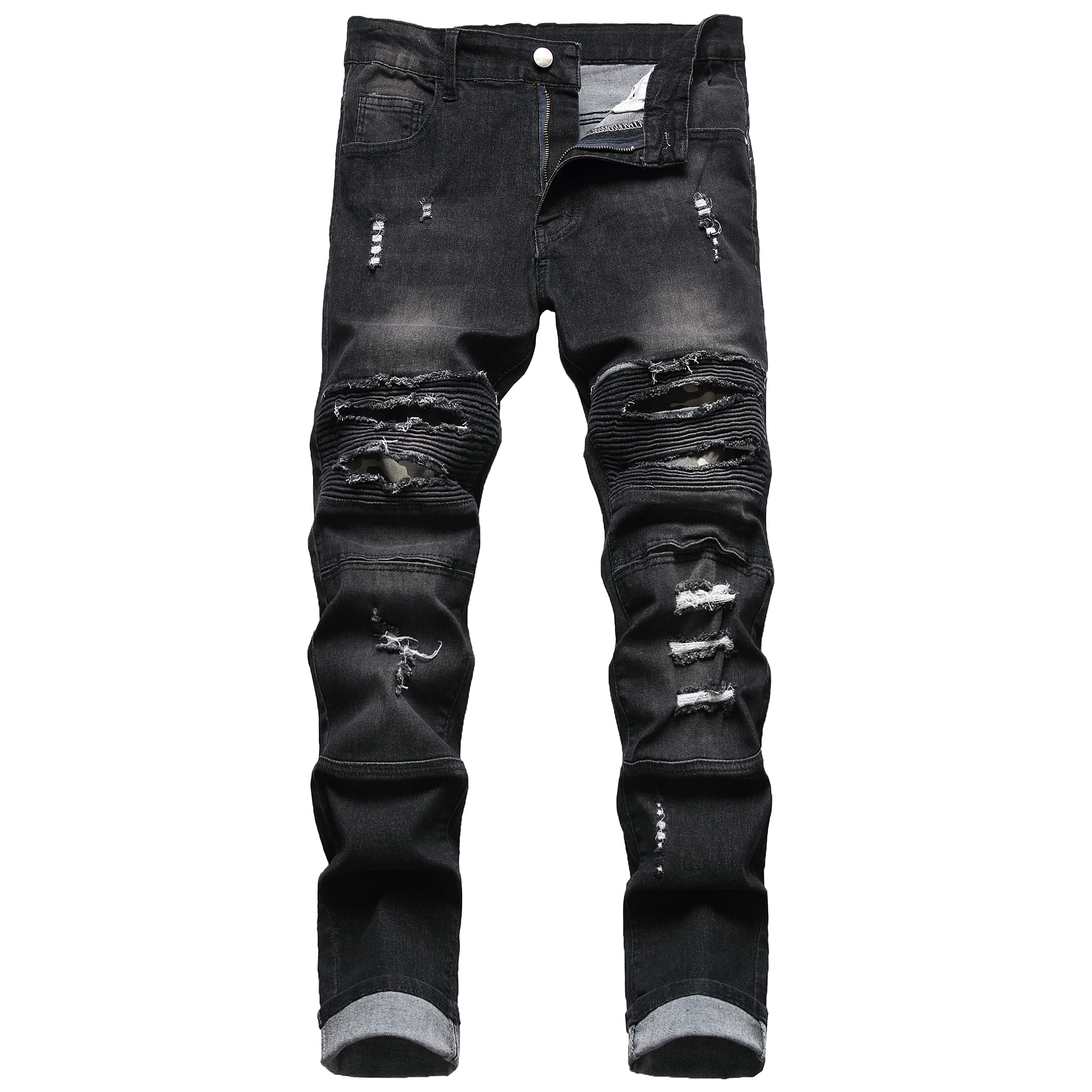 Qimyum Men's Black02 Slim Fit Jeans Ripped Skinny Jeans For Fashion Biker Jeans Stretch Moto Cargo Denim Pants, 34
