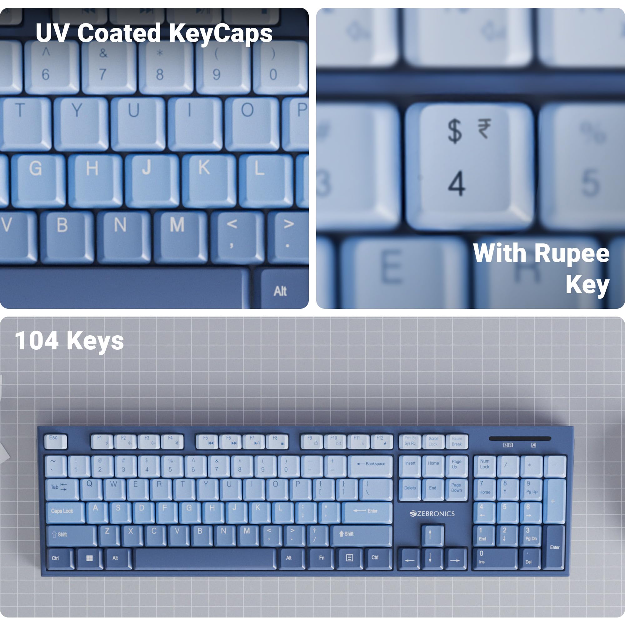 Zebronics Wireless Keyboard & Mouse Combo, 104 UV-Printed Keys, ₹ Key, 12 Multimedia Keys, Retractable Stand, 4 Button Mouse, 1600 DPI, High Precision, USB Nano Receiver (Companion 304, Dark Blue) — Amazon image 3