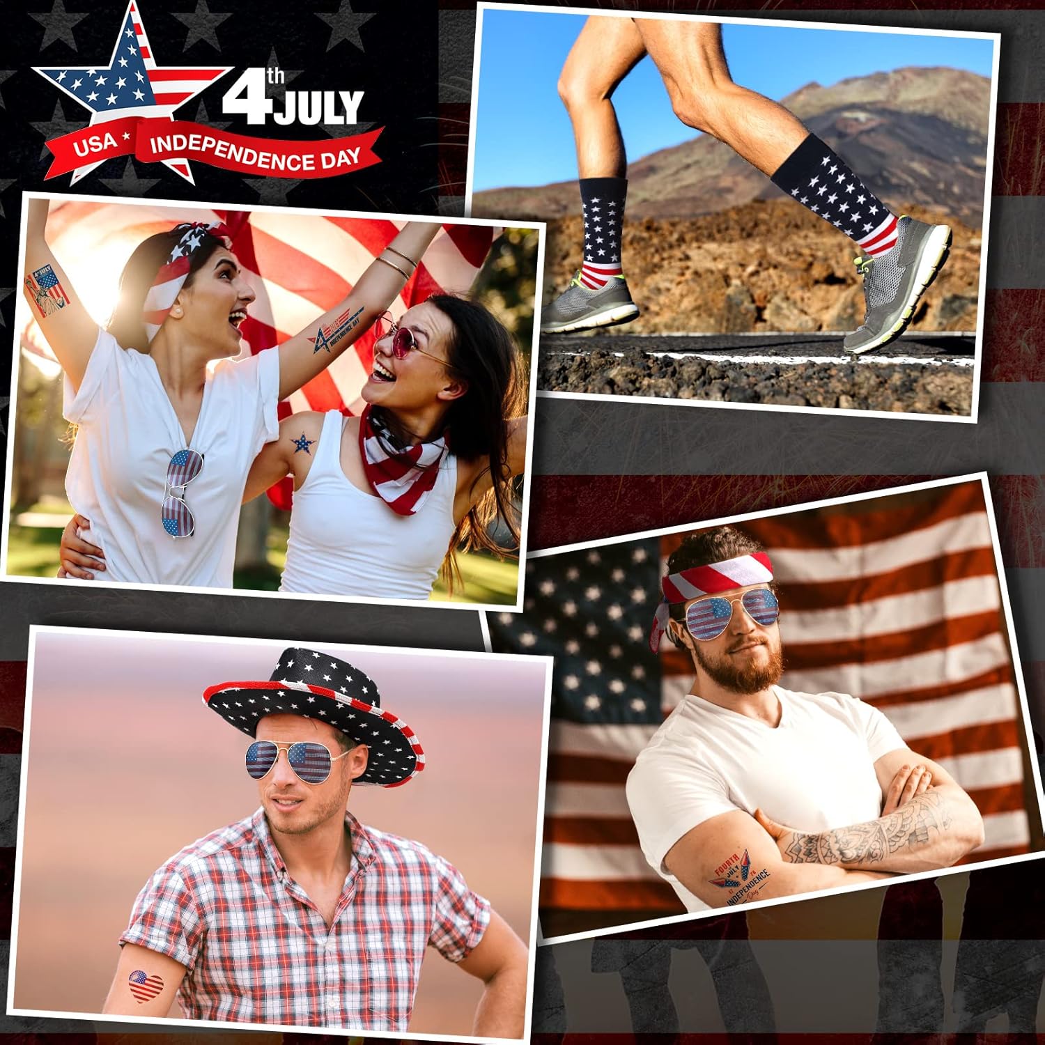 Mepase 15 Pcs American Flag Overalls for Men Women 250 Anniversary 4th of July Overalls Cowboy Hat Sunglasses Sock Stickers