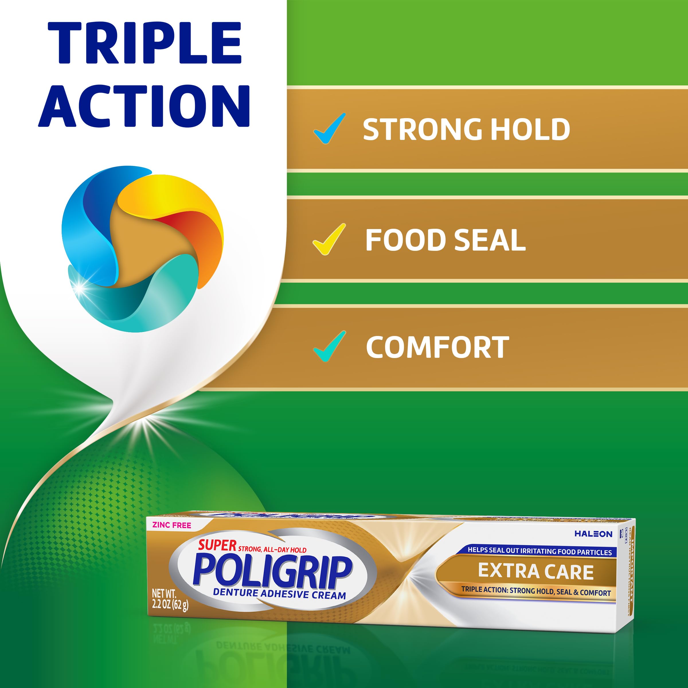 Super Poligrip Extra Care Lot de 4 crèmes adhésives pour prothèses dentaires sans zinc 62,4 g