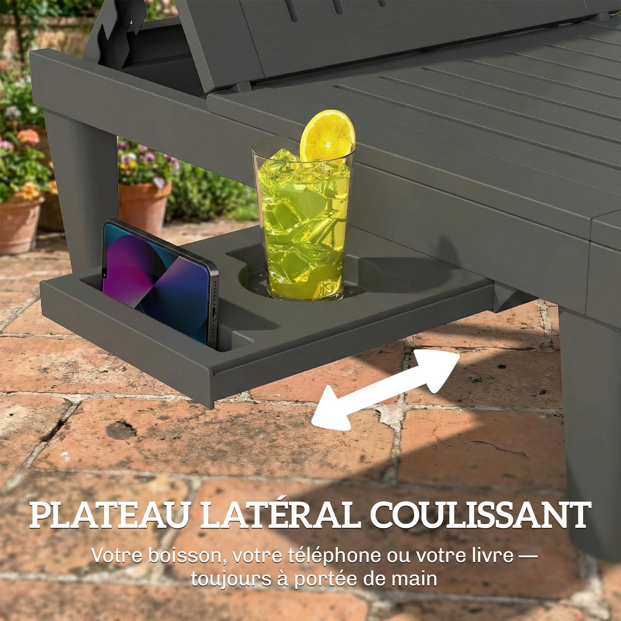 Outsunny Lot de 2 Chaises Longues de Jardin en PP avec Plateau Latéral Gris