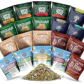 Large Set of Mate Mate Samples Samples of Mate Tea 50 g Verde mate Green Soul Mate Yaguar Guarani El Fuego Rio Parana Mate Tea Natural Caffeine 20 x 50 g 1 kg
