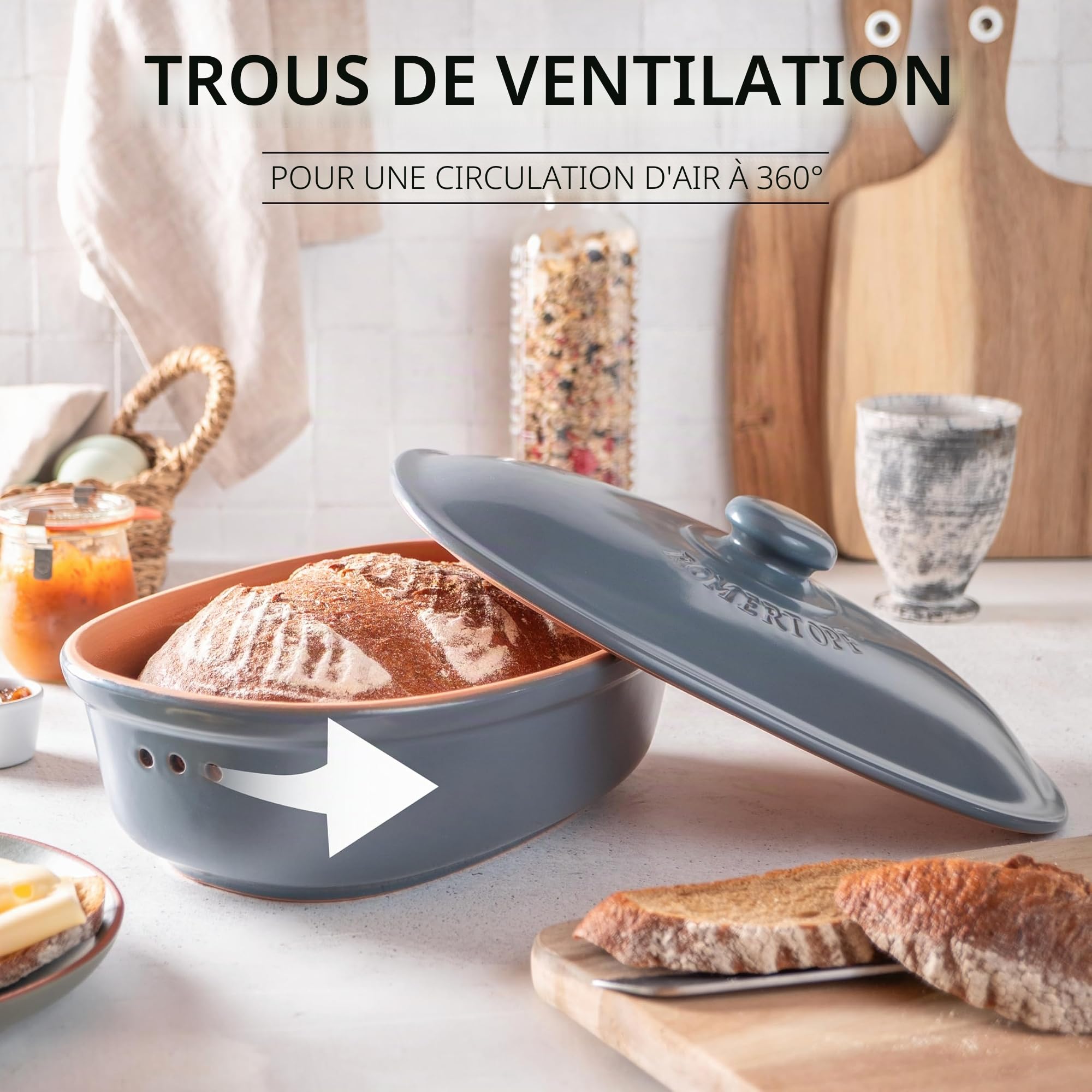 Römertopf Pot à pain en céramique naturelle, idéal pour ranger le pain et les pâtisseries 30x21x14,5 cm bleu-gris