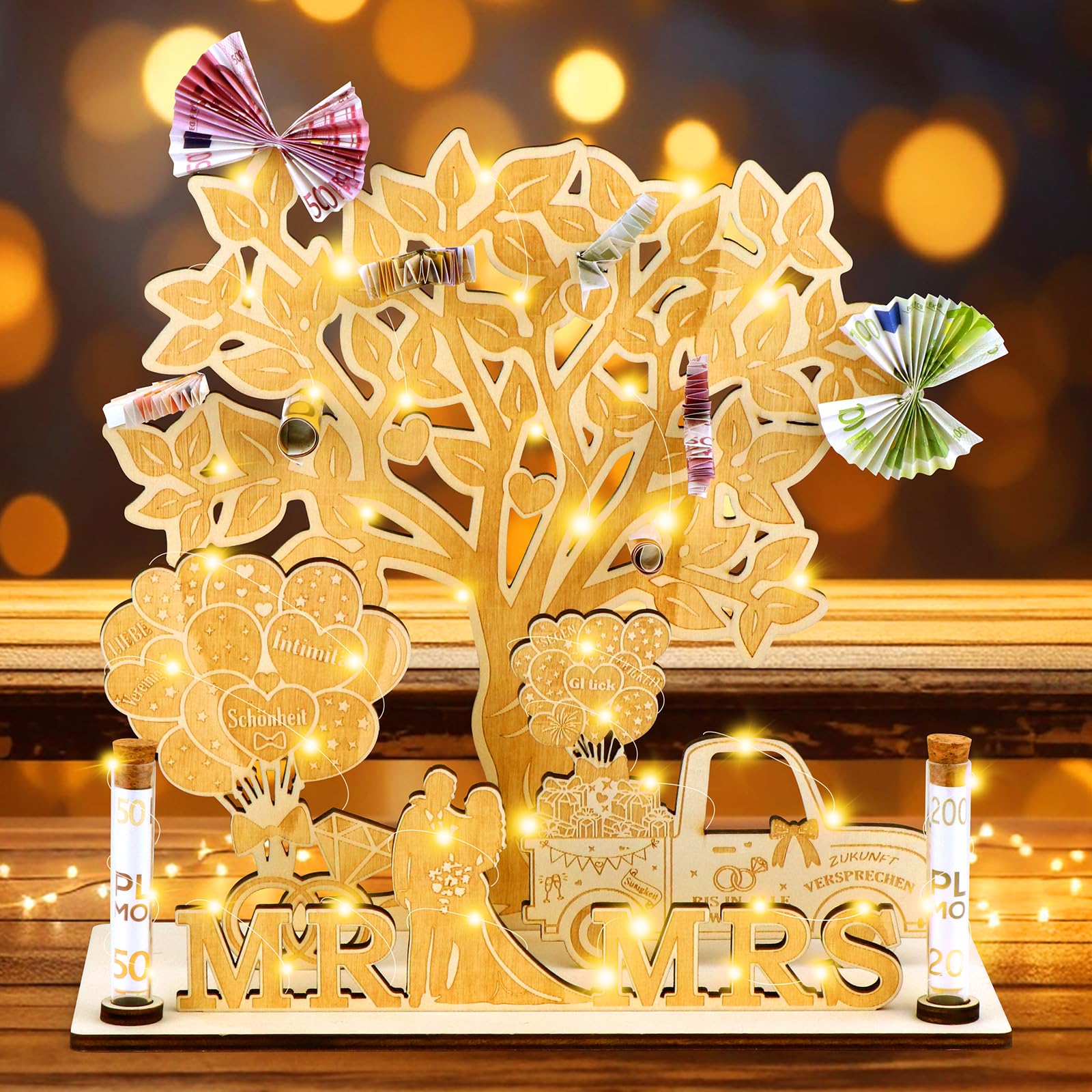 FTUREERA Hochzeit Geldgeschenk, Hochzeitsgeschenke für Brautpaar Geldbaum Hochzeit aus Holz Mr & Mrs, Hochzeitsgeschenk Geld mit LED Lichterkette, Lebensbaum Wunscherfüller Geldgeschenk